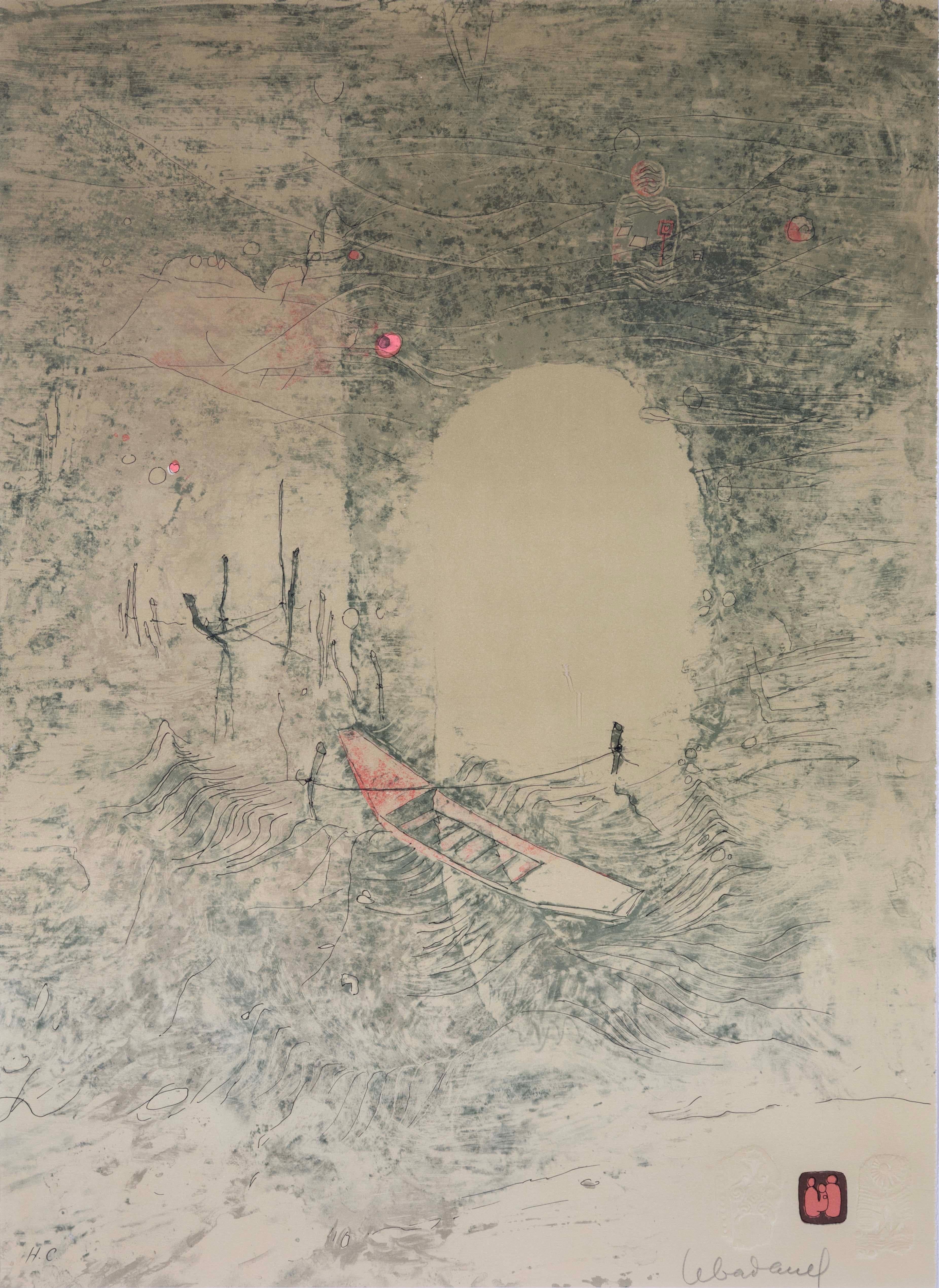 A calming and serene modern lithograph on rice paper titled 