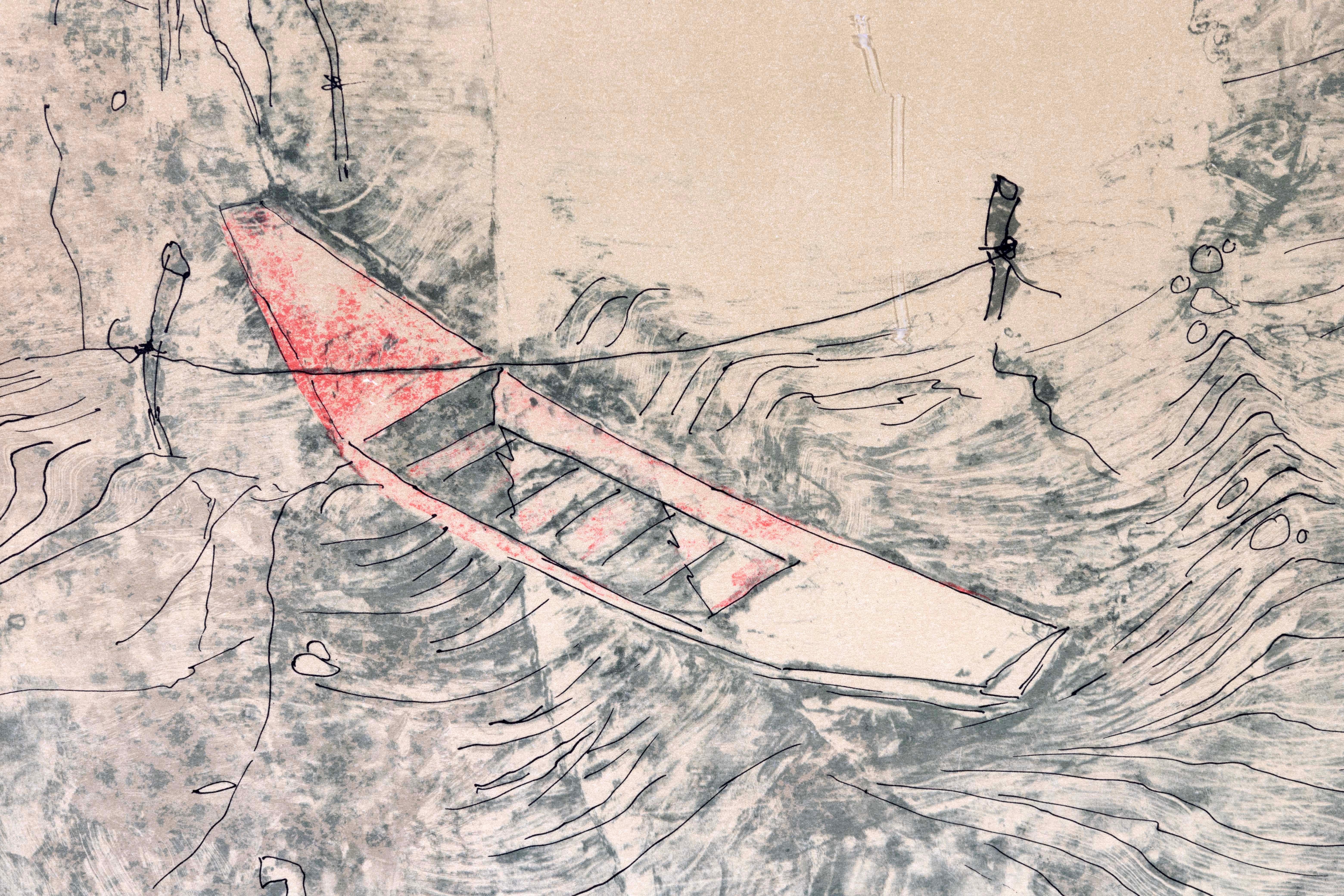 Lebadang Boat at Docks Litografia moderna firmata con calcografia H. A. C. Incorniciato in vendita 2