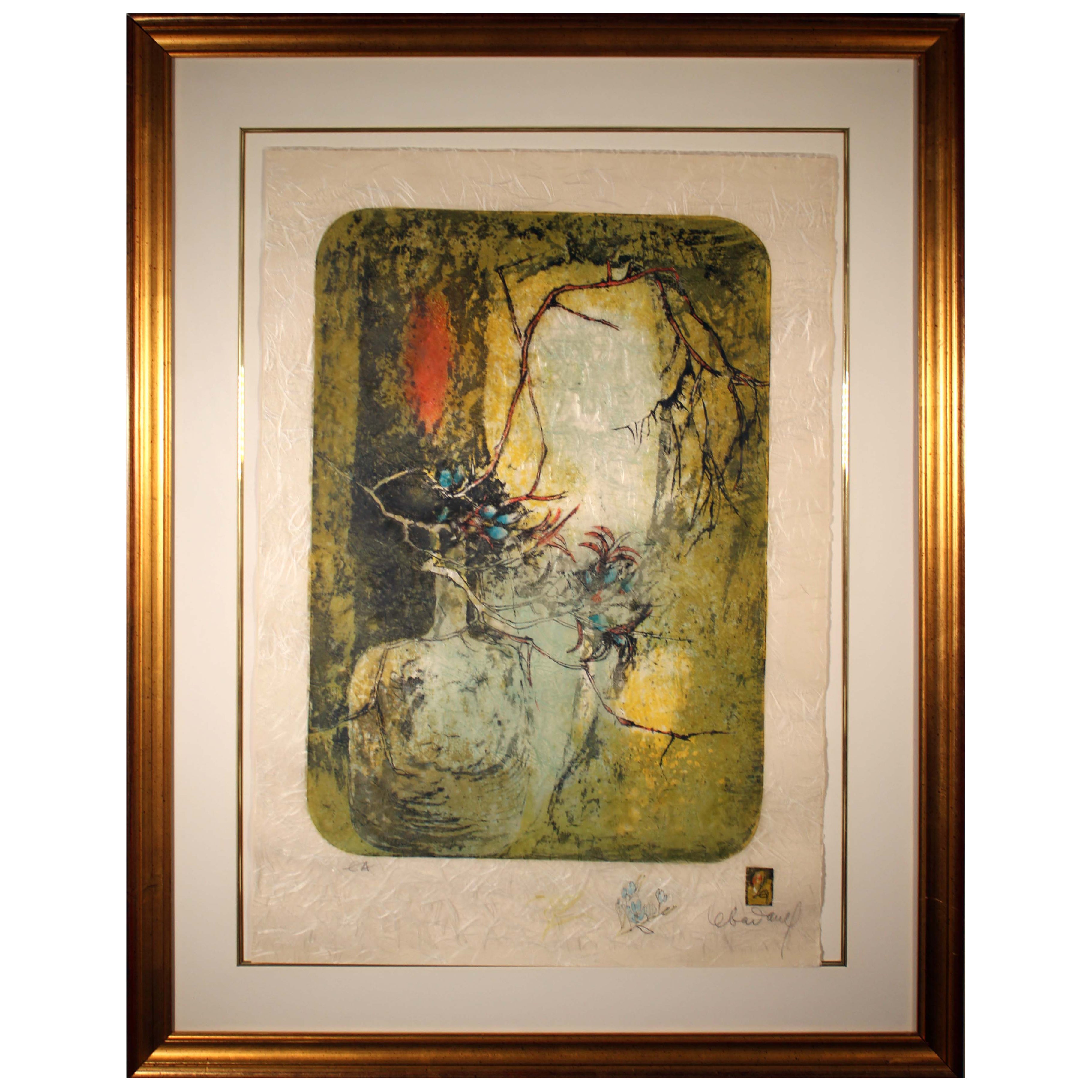 Lebadang Branche Dans un Vase I 1975 Signed Lithograph on Rice Paper EA Framed