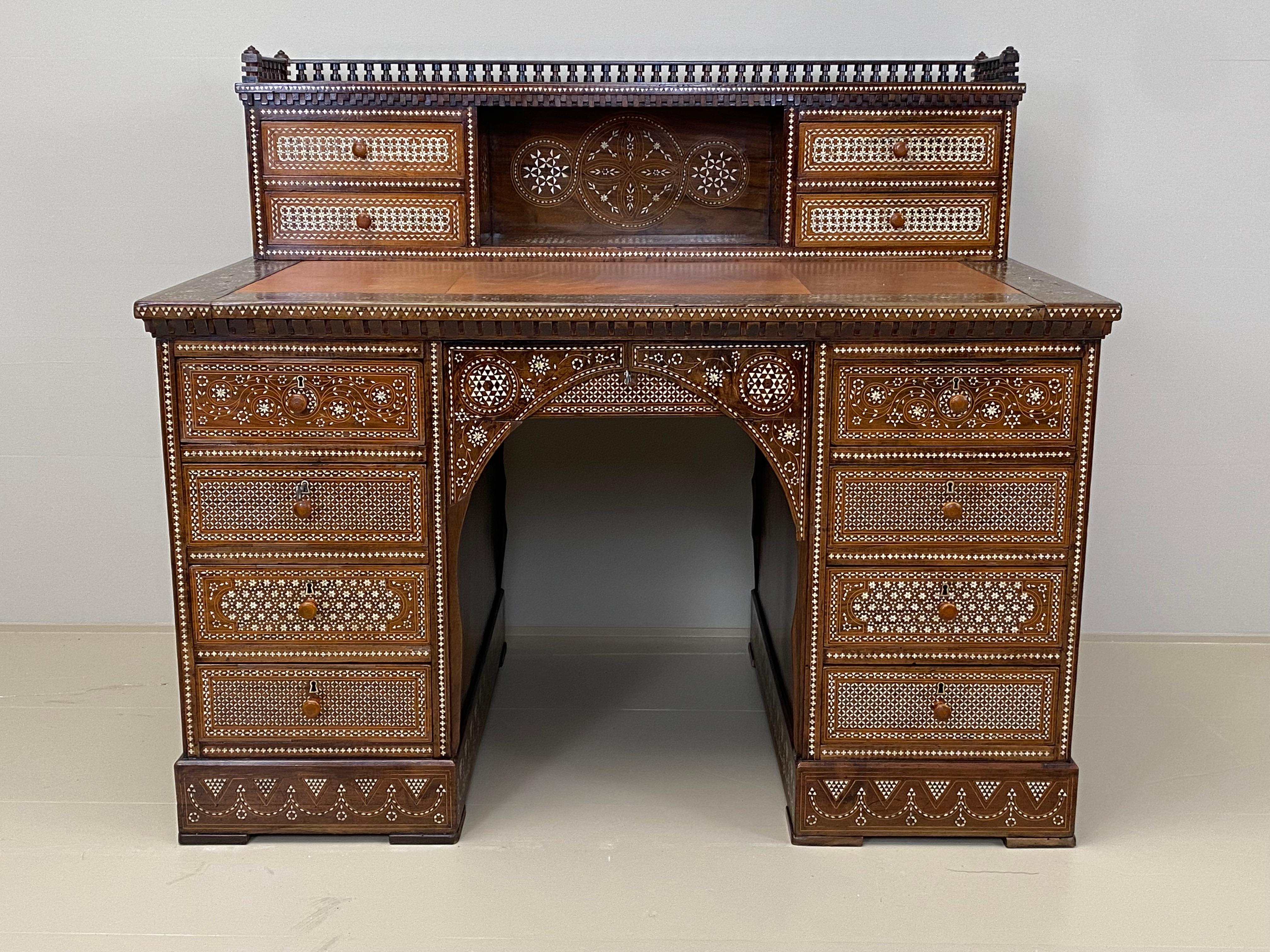 Antique writing desk with inlays and new leather top. Lebanon 1920s. For Sale 1