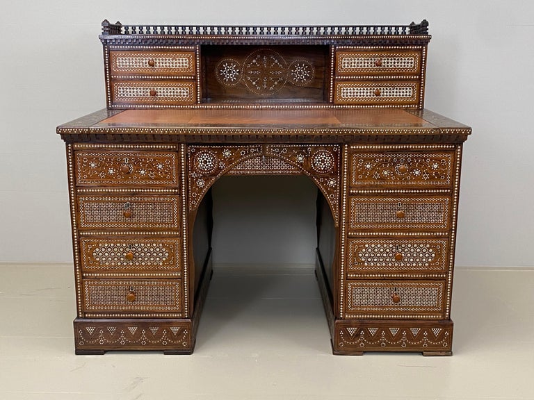 Antique writing desk with inlays and new leather top. Lebanon 1920s. For Sale at 1stDibs