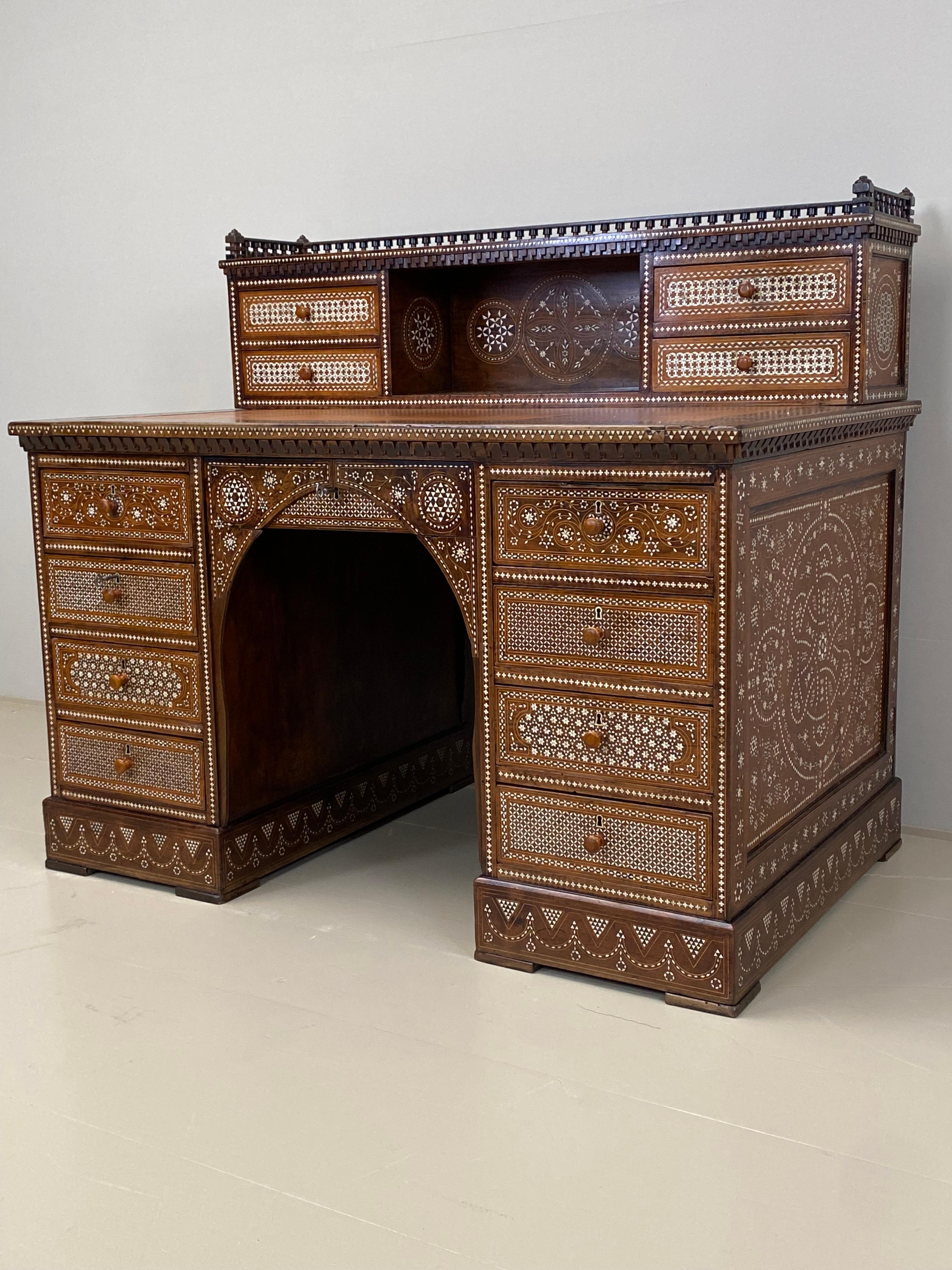 Antique writing desk with inlays and new leather top. Lebanon 1920s. For Sale 2
