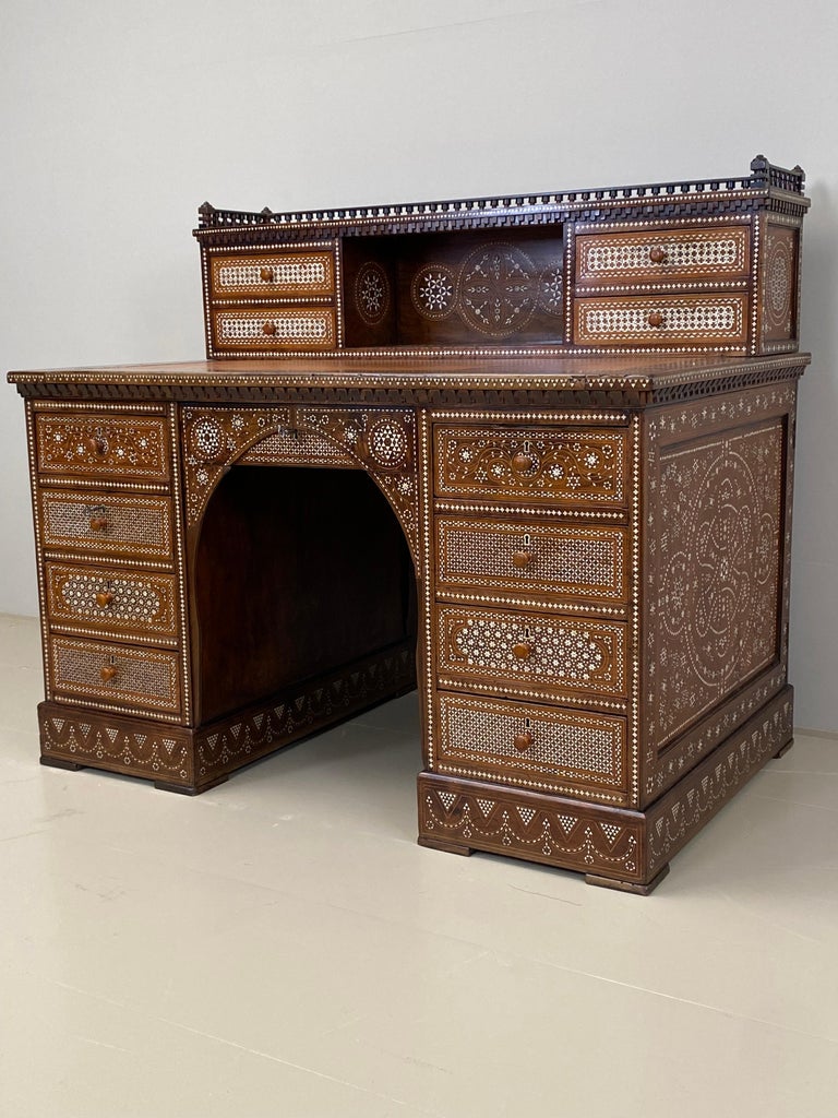 Antique writing desk with inlays and new leather top. Lebanon 1920s. For Sale at 1stDibs
