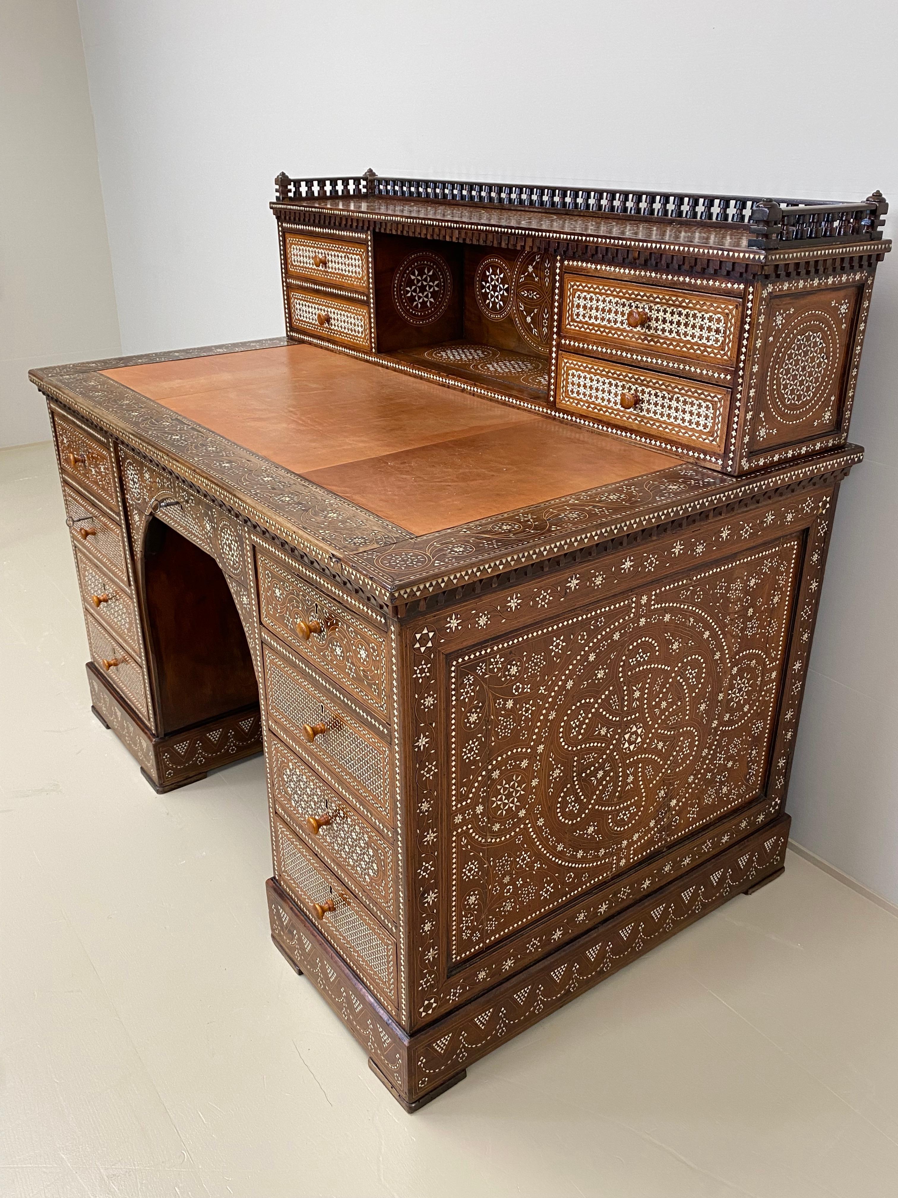 Antique writing desk with inlays and new leather top. Lebanon 1920s. For Sale 3
