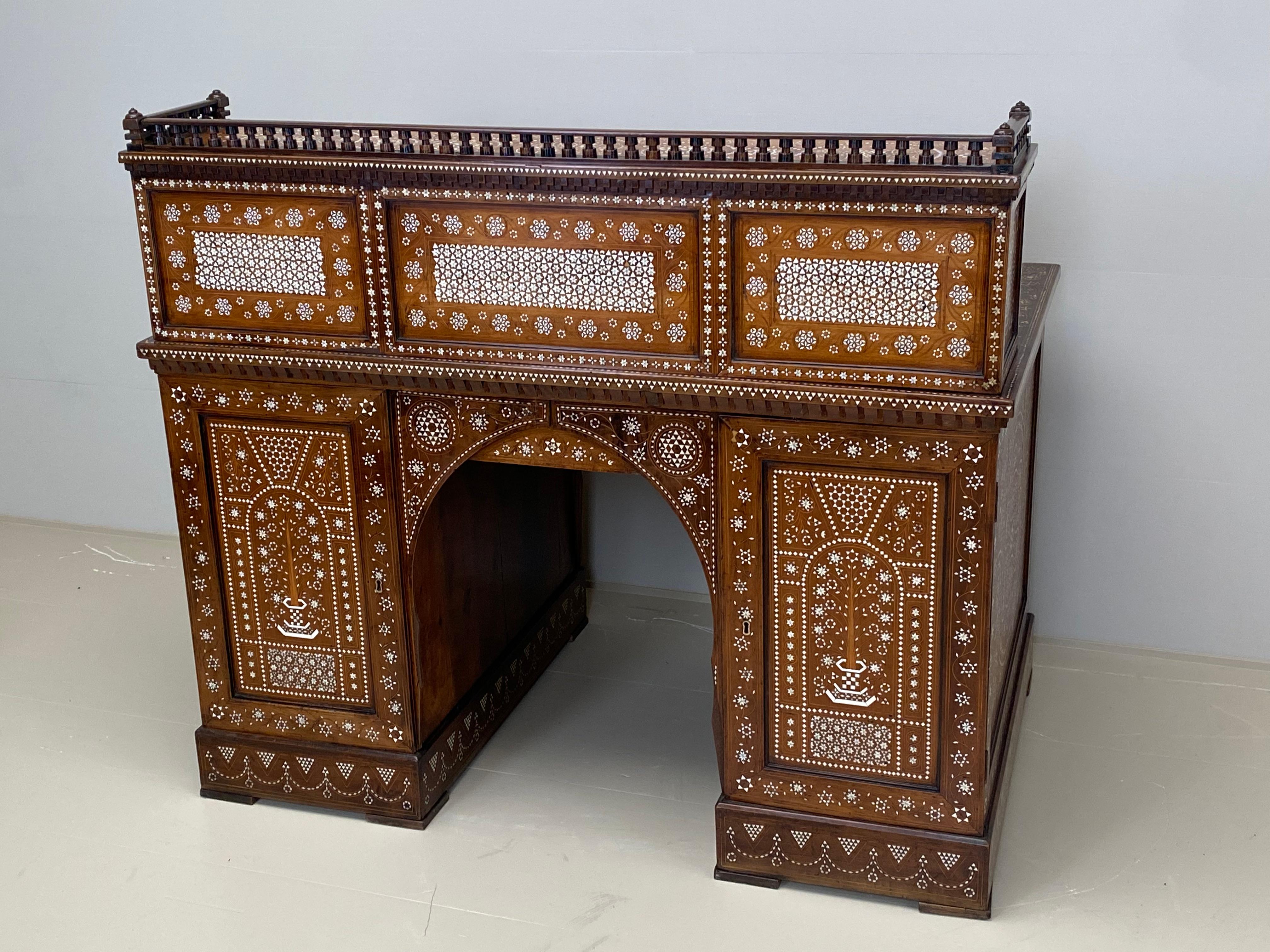 Antique writing desk with inlays and new leather top. Lebanon 1920s. For Sale 6