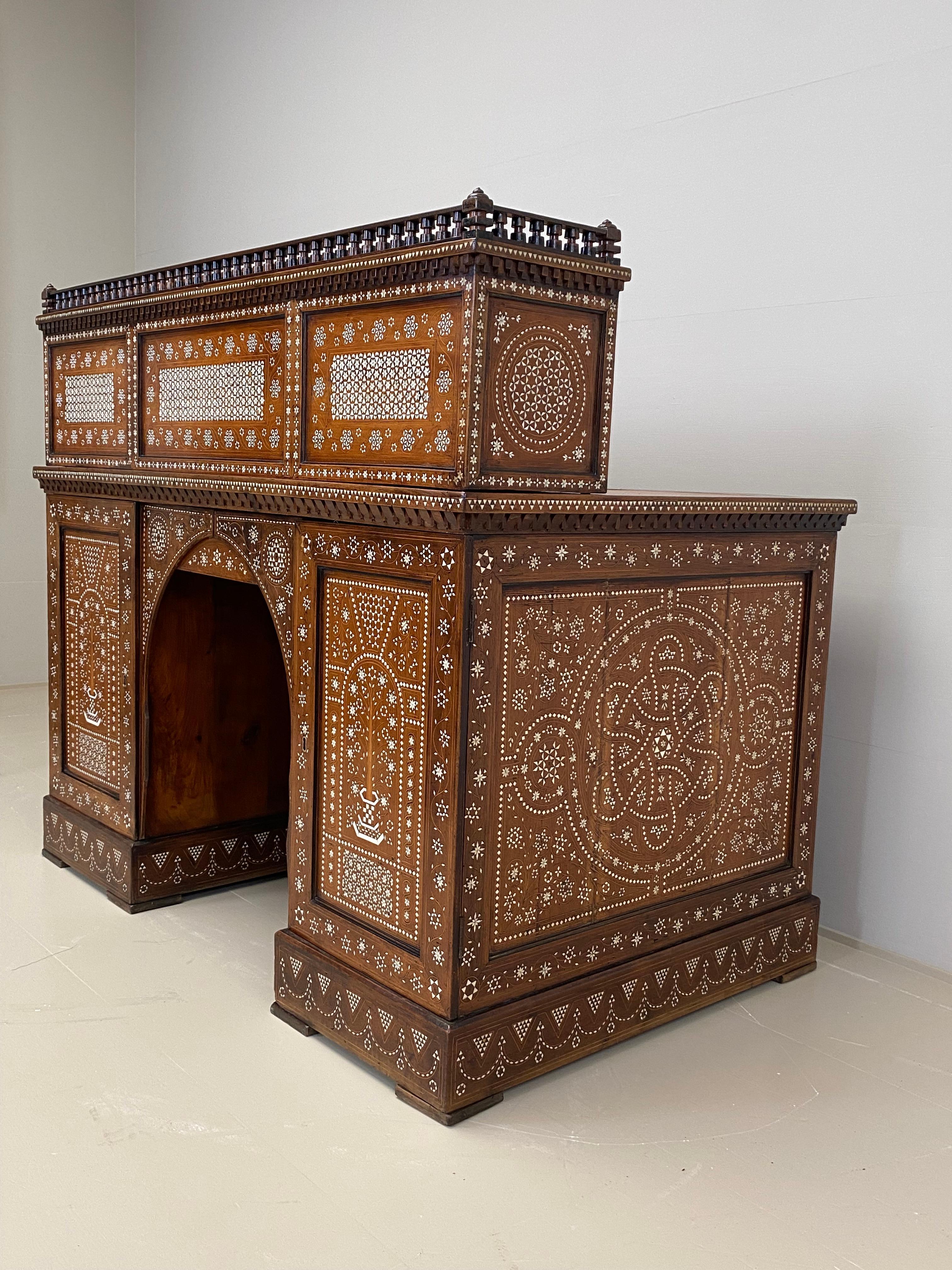 Antique writing desk with inlays and new leather top. Lebanon 1920s. For Sale 7