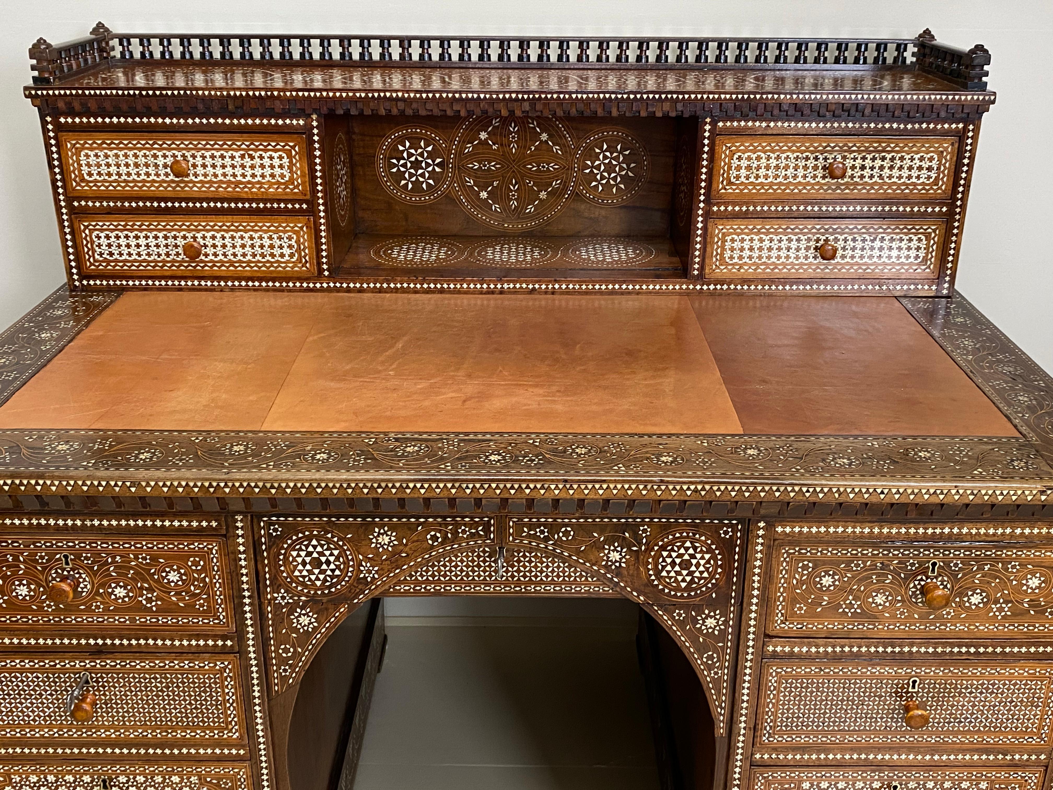 Lebanese Antique writing desk with inlays and new leather top. Lebanon 1920s. For Sale