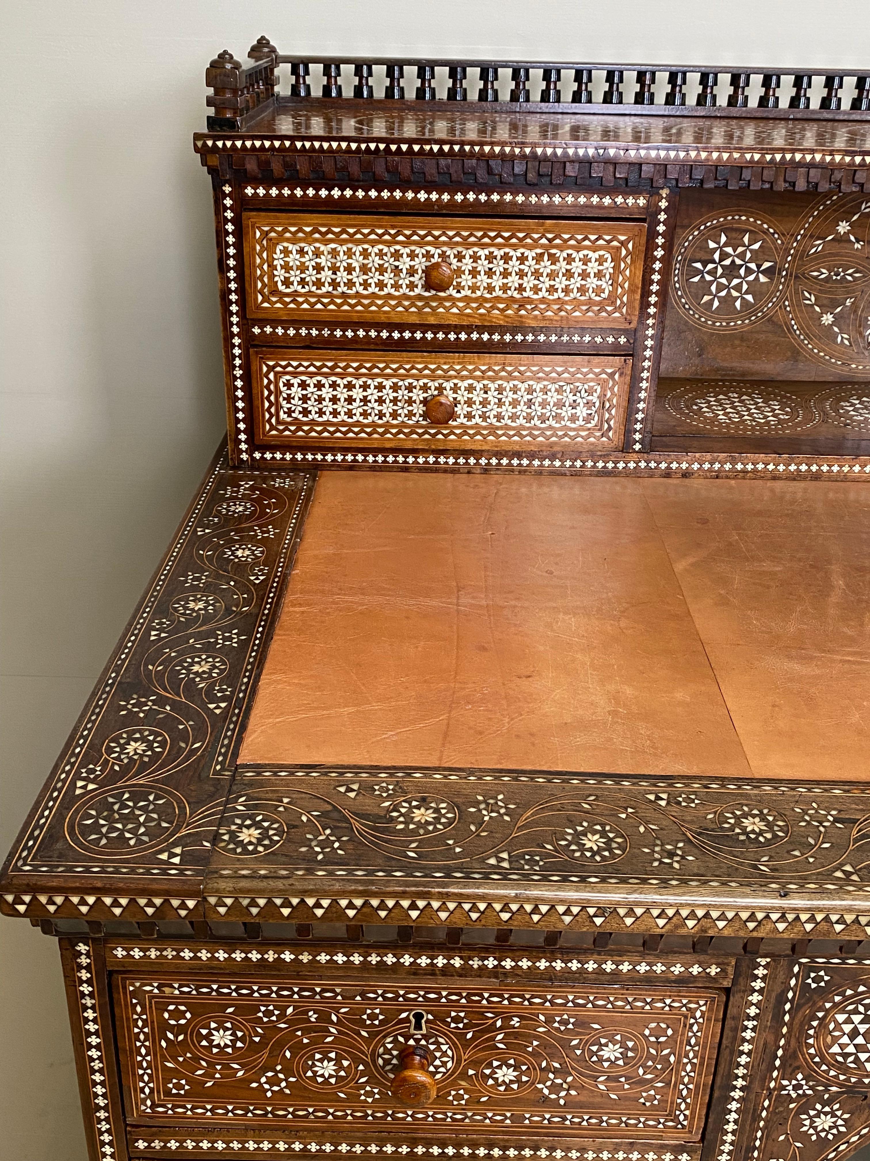 Polished Antique writing desk with inlays and new leather top. Lebanon 1920s. For Sale