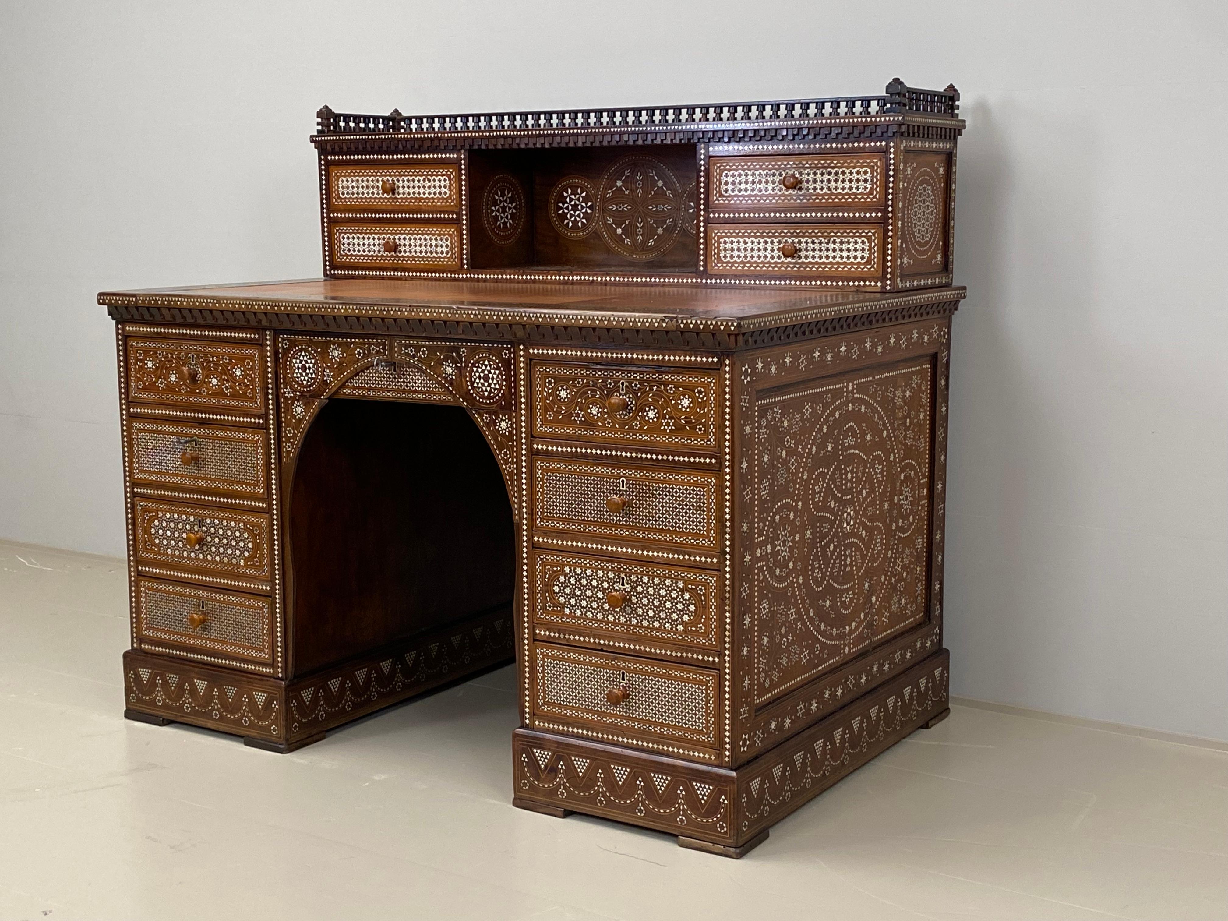 Early 20th Century Antique writing desk with inlays and new leather top. Lebanon 1920s. For Sale