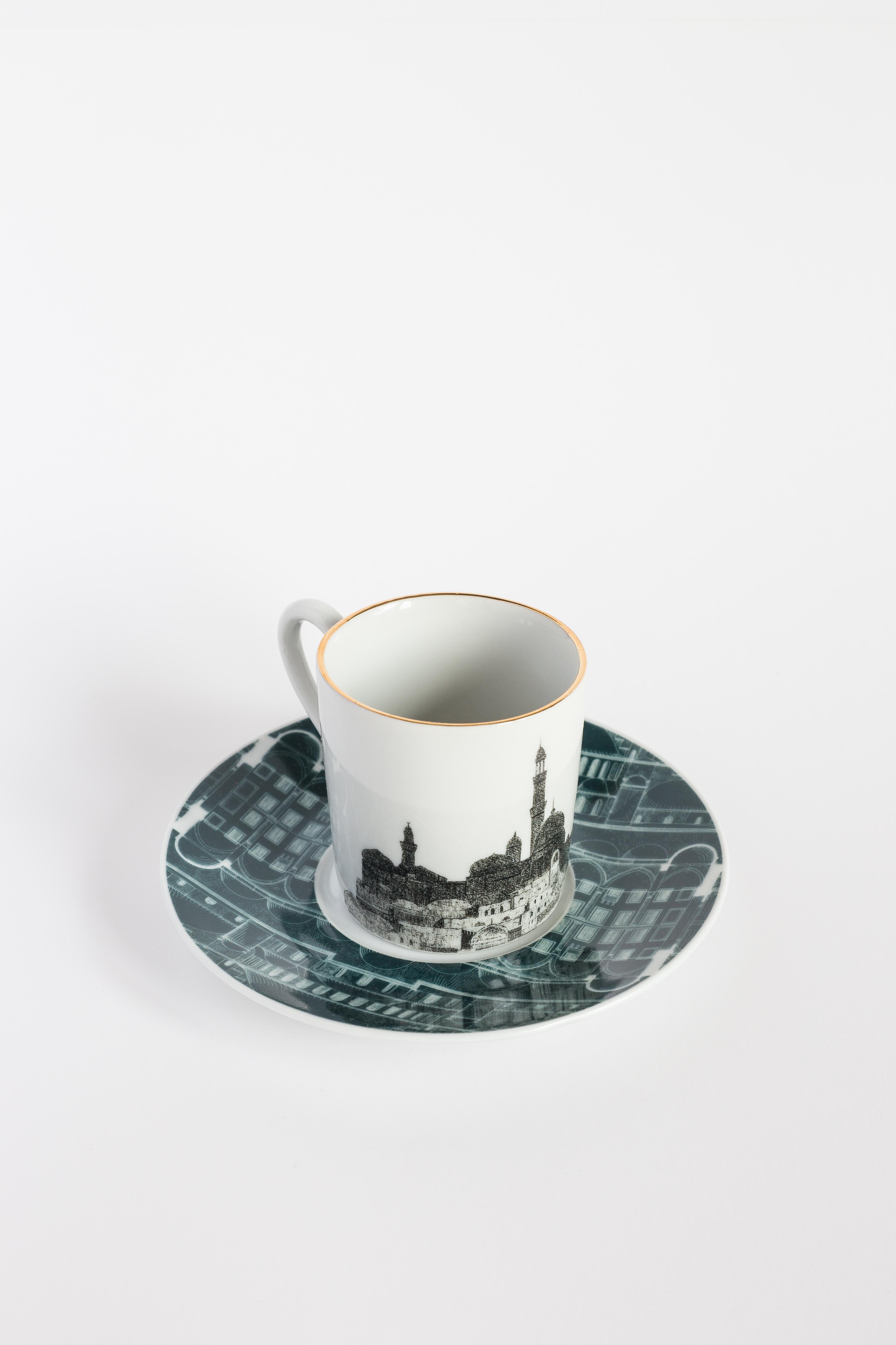 In Lebanon collection a different landscape depicts the local coasts, ruins, and architecture in black and white, with a sophisticated rim decoration that showcases blueprints of traditional buildings.
Coffee set with 6 coffee cups and plates.