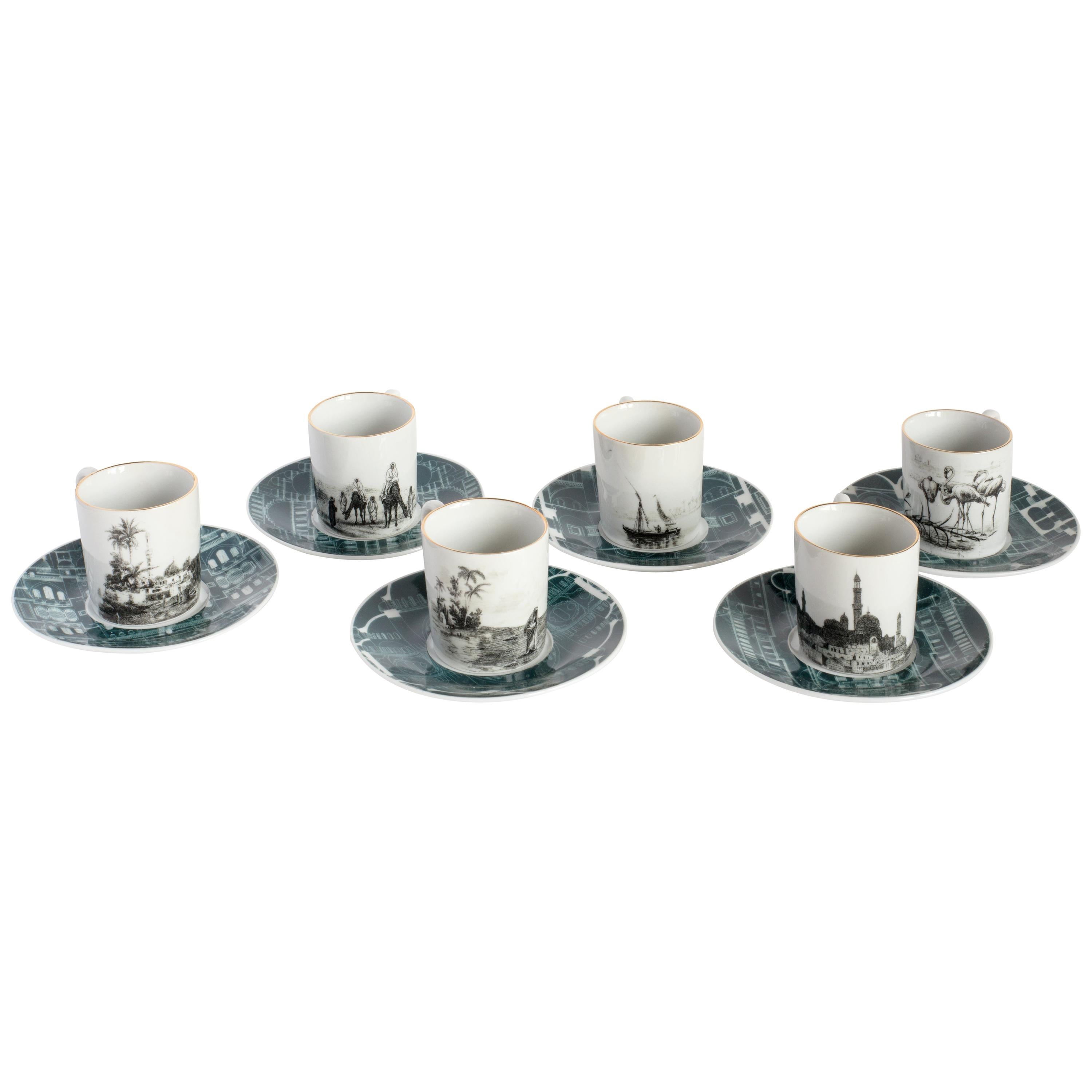 Lebanon, Coffee Set with Six Contemporary Porcelains with Decorative Design For Sale