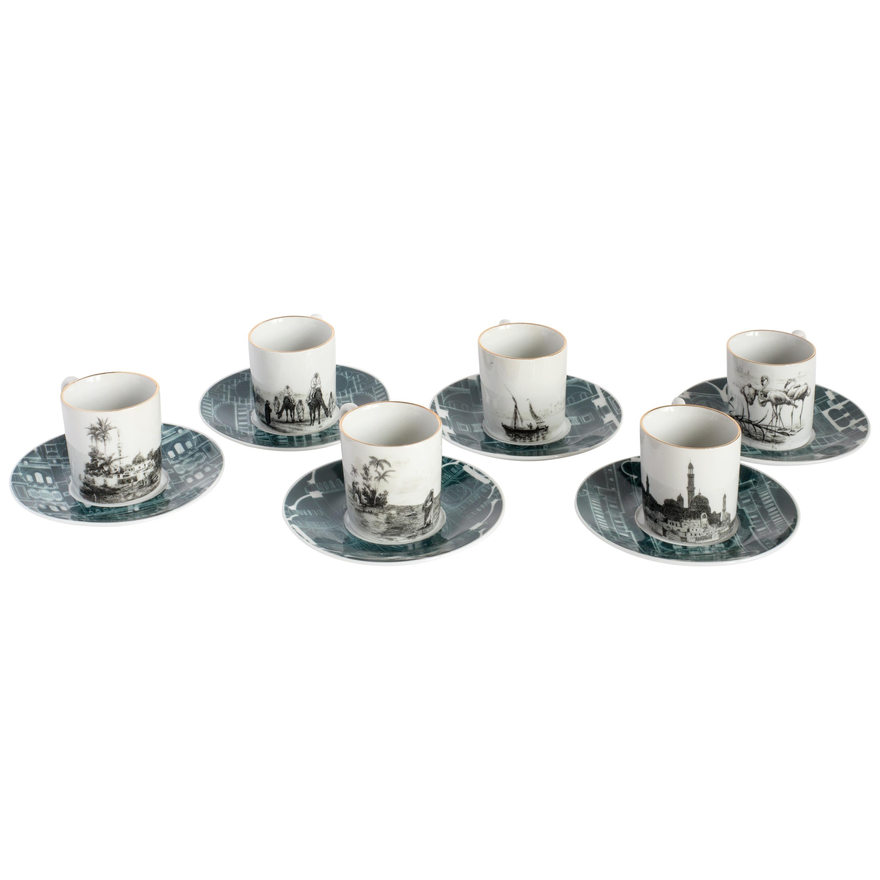 Líbano, Juego de Café con Seis Porcelanas Contemporáneas con Diseño Decorativo