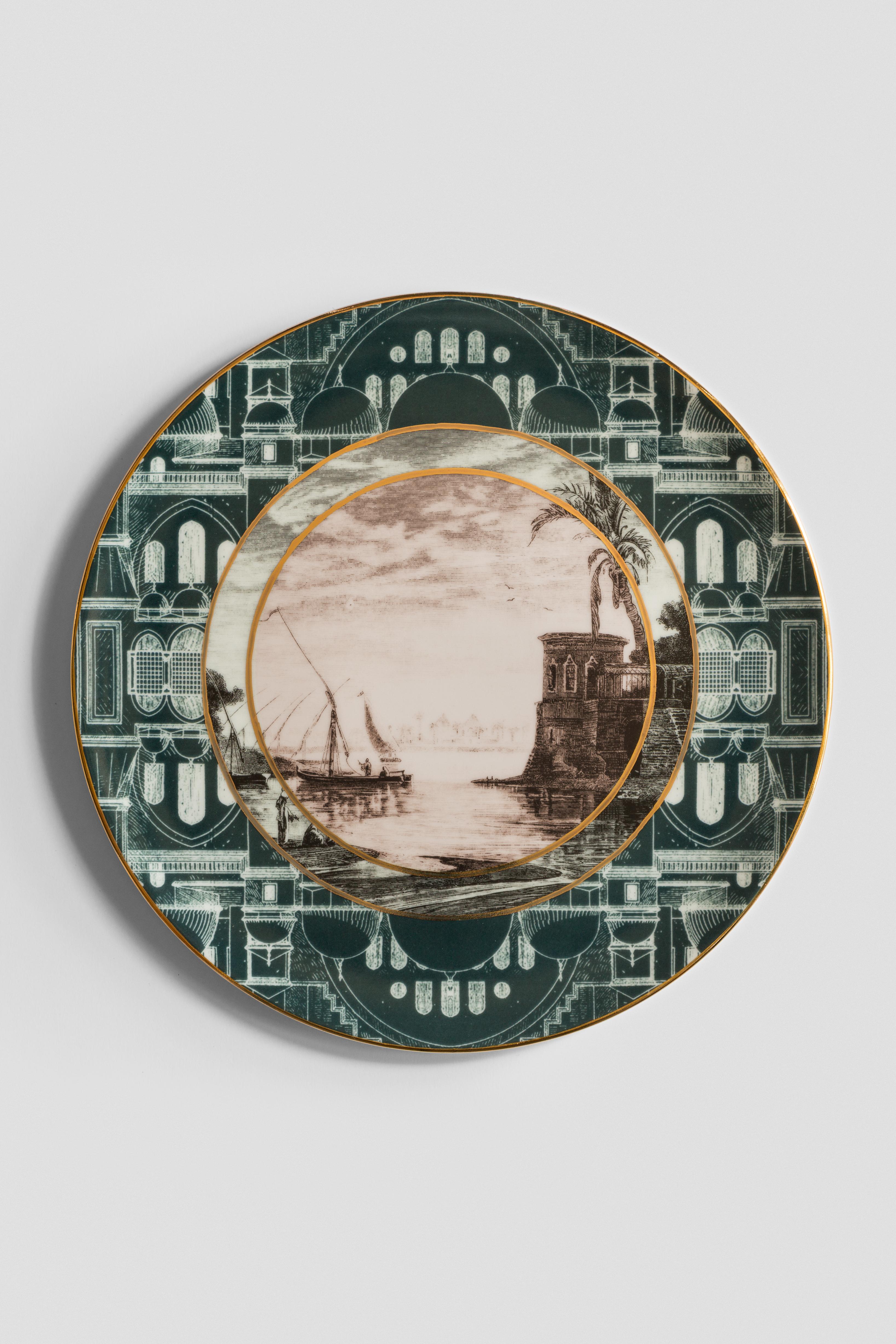 A striking collection of six designs that will enrich both a Classic and a modern home with the unique combination of vintage images and strikingly warm colors, this set comprises the six porcelain dinner plates of the Lebanon collection. In them, a