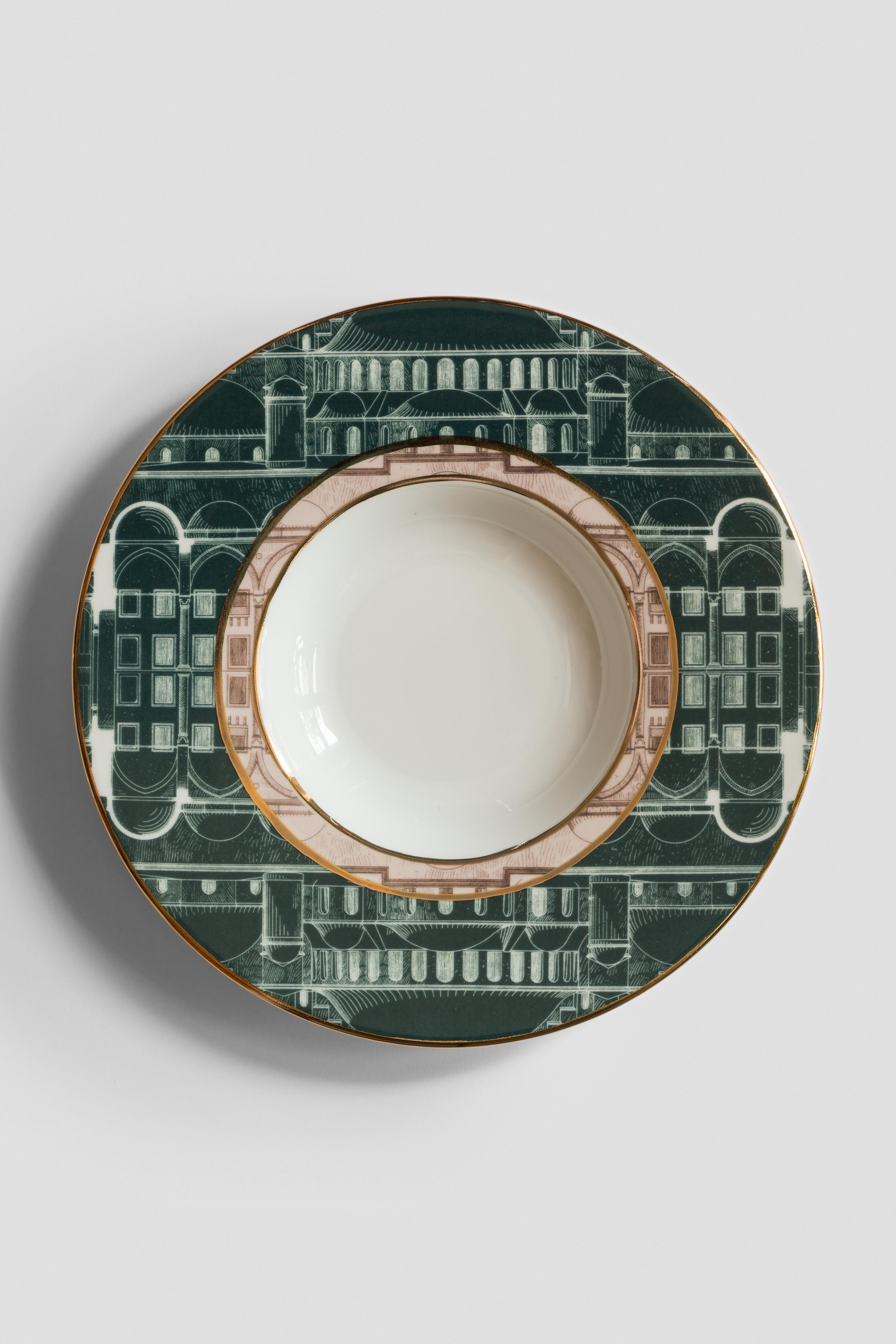 Italian Lebanon, Six Contemporary Porcelain Soup Plates with Decorative Design For Sale