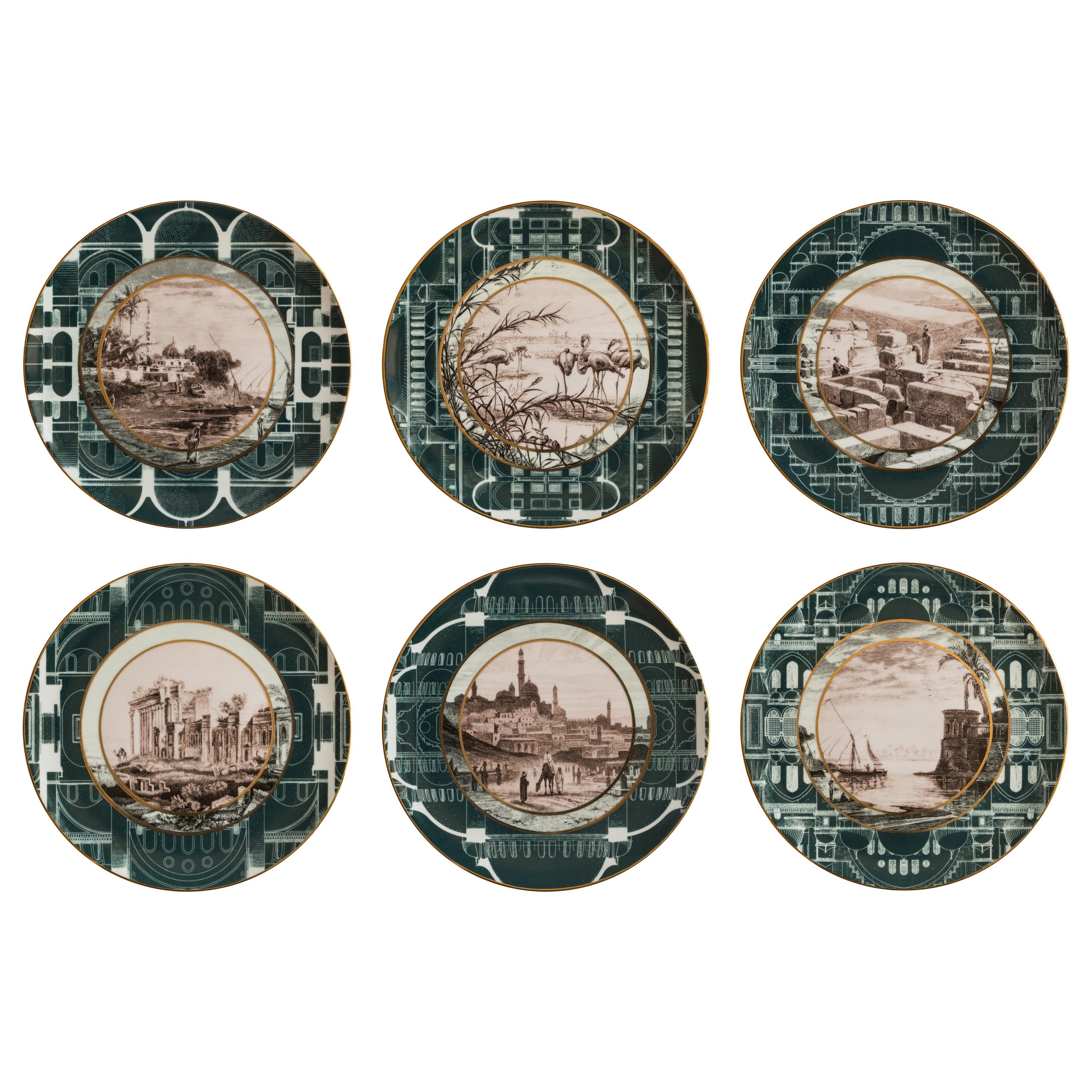 Lebanon, Six Contemporary Porcelain Dinner Plates with Decorative Design For Sale
