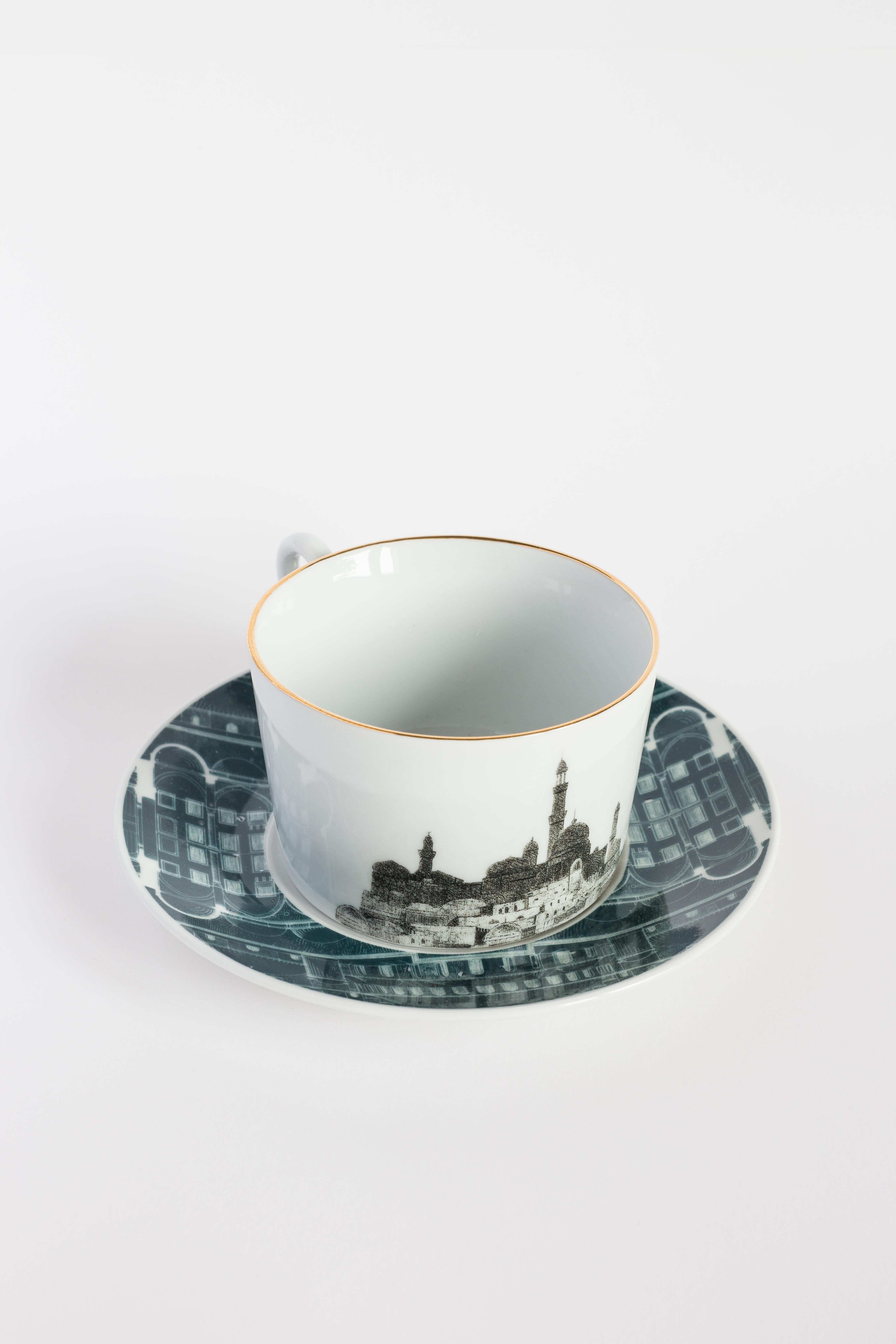 In Lebanon collection a different landscape depicts the local coasts, ruins, and architecture in black and white, with a sophisticated rim decoration that showcases blueprints of traditional buildings.
Tea set with 6 coffee cups and plates.