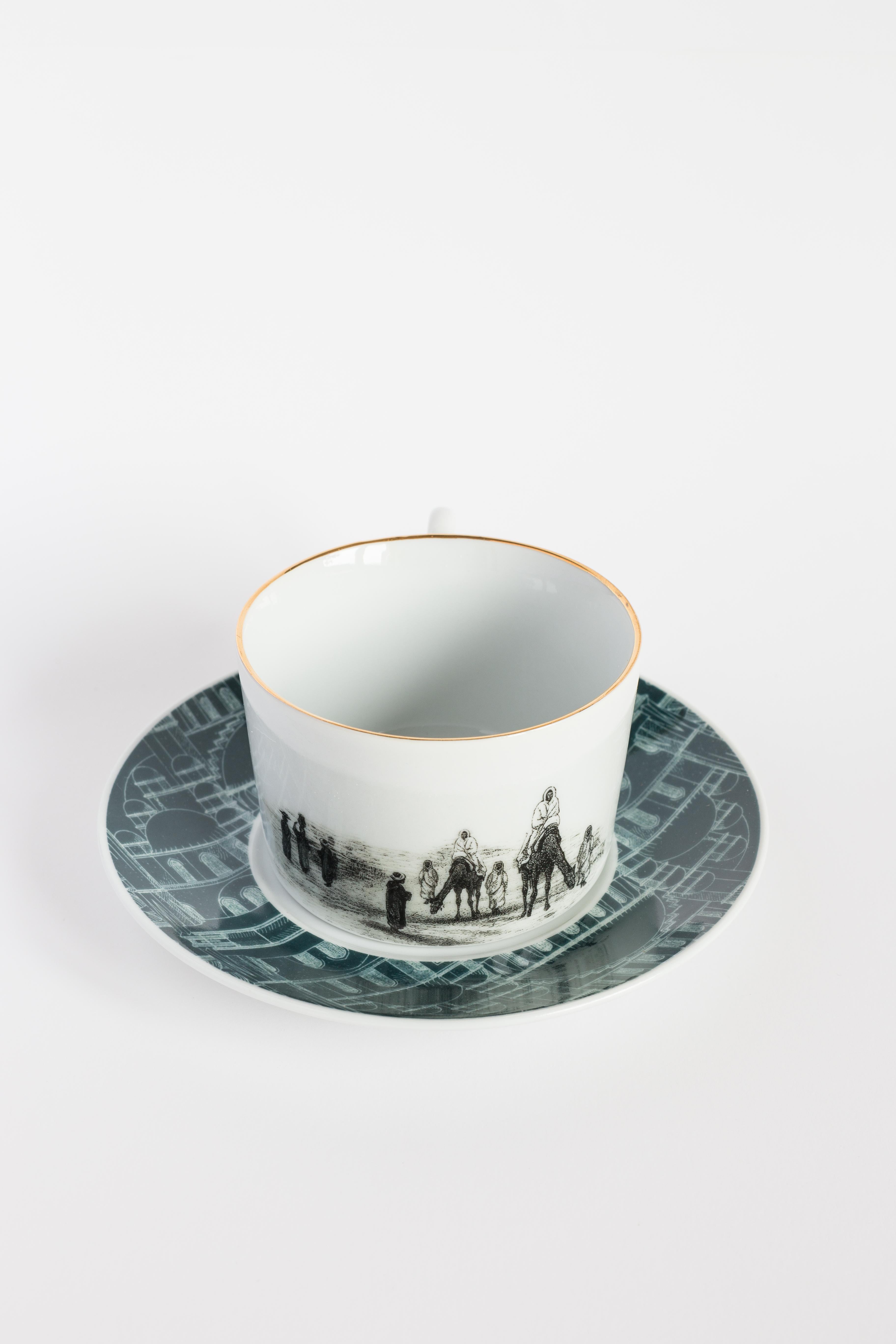 Italian Lebanon, Tea Set with Six Contemporary Porcelains with Decorative Design For Sale