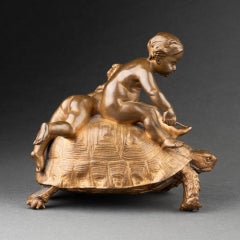 L.E.BARRIAS : "Two kids ridding a giant turtle", patinated bronze sculpture 1877