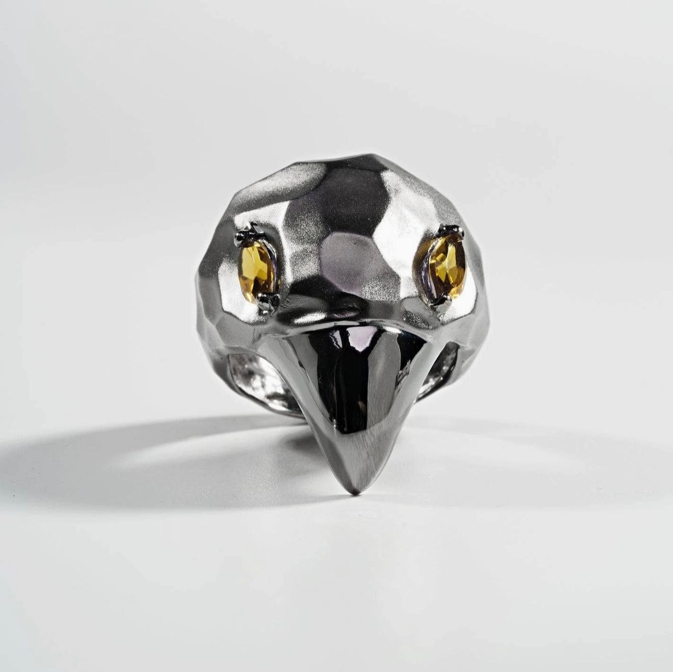 Contemporary Lebec Citrine Cocktail Bird Ring Raven Crow Black Rhodium Sterling Silver For Sale