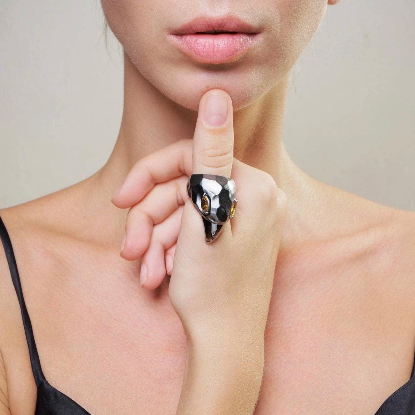 Oval Cut Lebec Citrine Cocktail Bird Ring Raven Crow Black Rhodium Sterling Silver For Sale