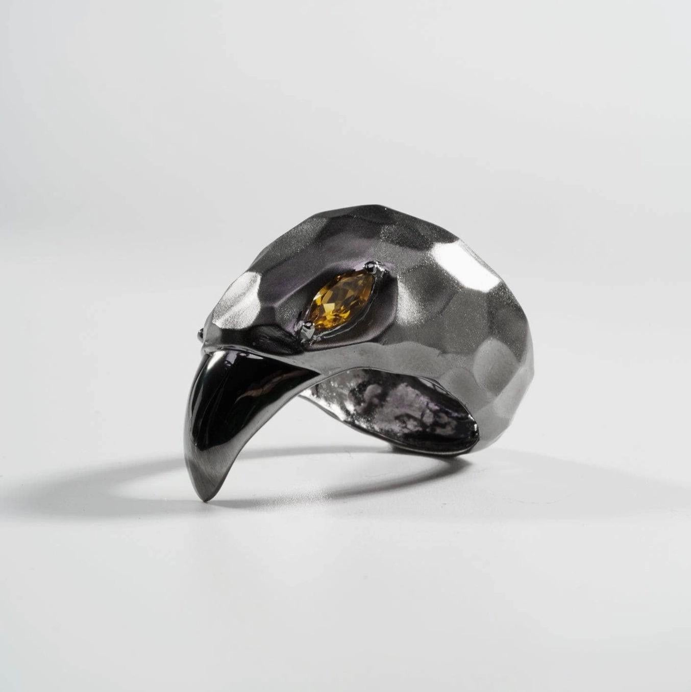 Lebec Citrine Cocktail Bird Ring Raven Crow Black Rhodium Sterling Silver In New Condition For Sale In Bozeman, MT