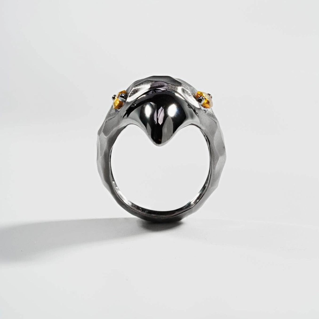 Lebec Citrine Cocktail Bird Ring Raven Crow Black Rhodium Sterling Silver For Sale 1