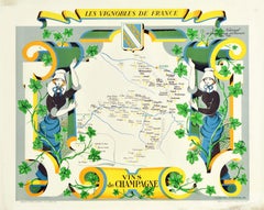 Original Retro Poster Vignobles De France Vineyards Vins De Champagne Wine Map
