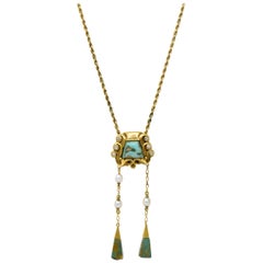 Lebolt Art Nouveau Diamond Turquoise Pearl 14 Karat Gold Negligee Necklace