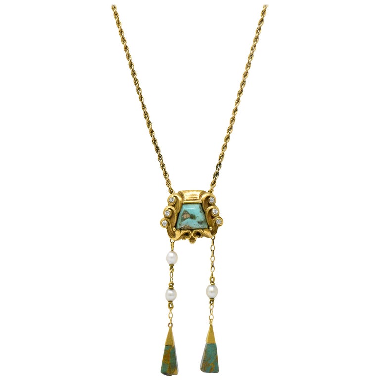 Lebolt Art Nouveau Diamond Turquoise Pearl 14 Karat Gold Negligee ...