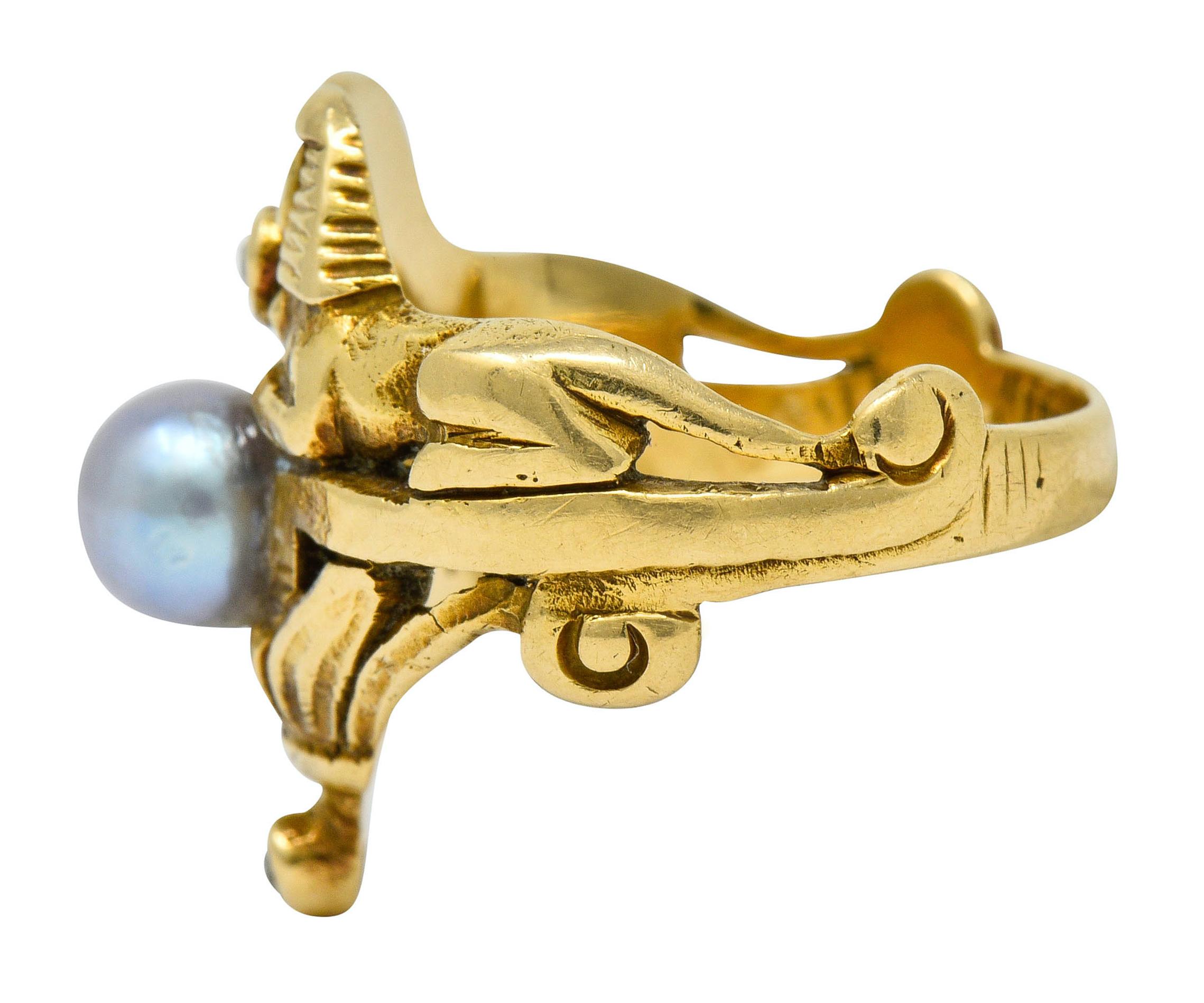 Single Cut Lebolt & Co. Egyptian Revival Pearl Diamond 14 Karat Gold Sphinx Band Ring
