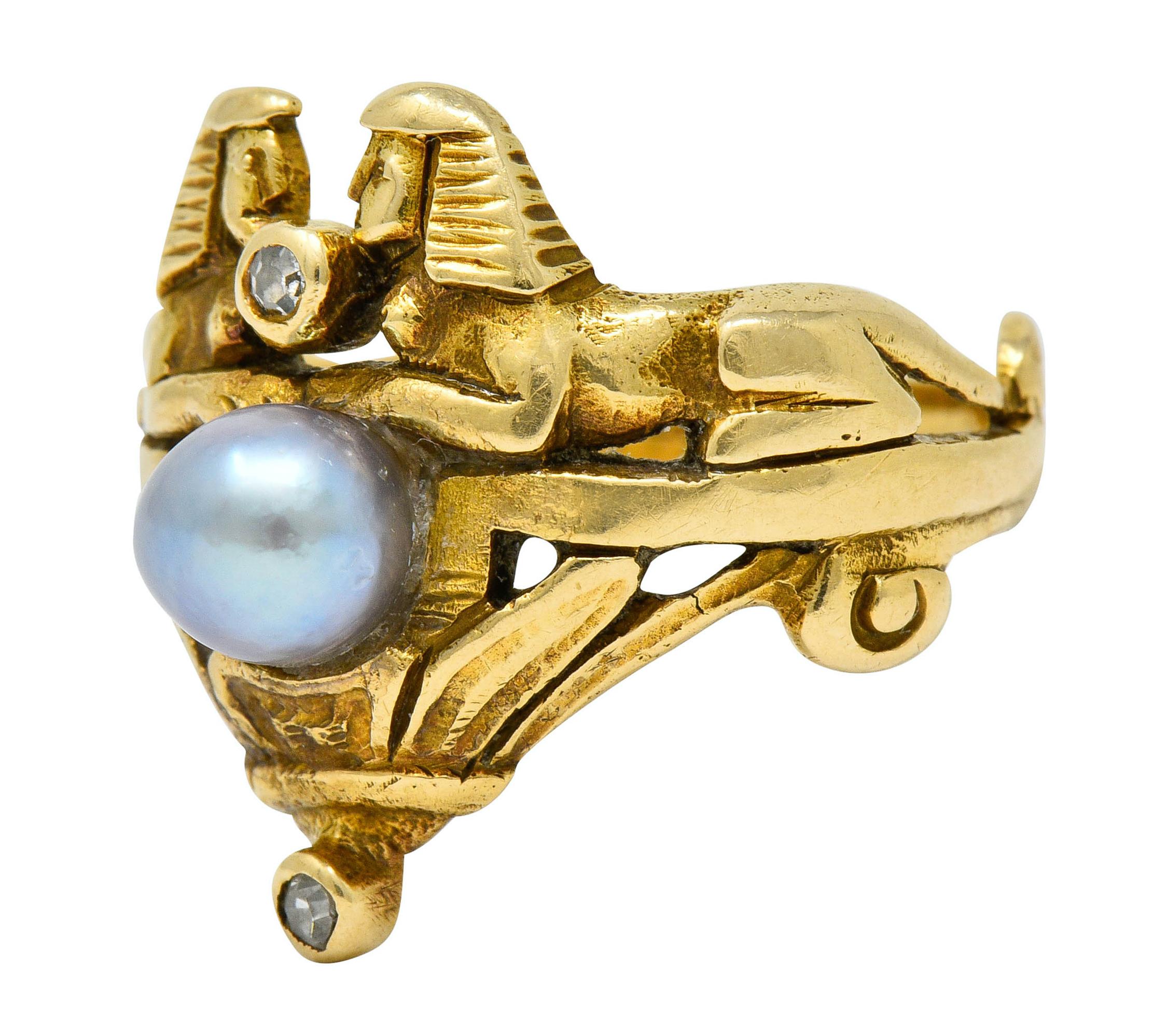Lebolt & Co. Egyptian Revival Pearl Diamond 14 Karat Gold Sphinx Band Ring In Excellent Condition In Philadelphia, PA