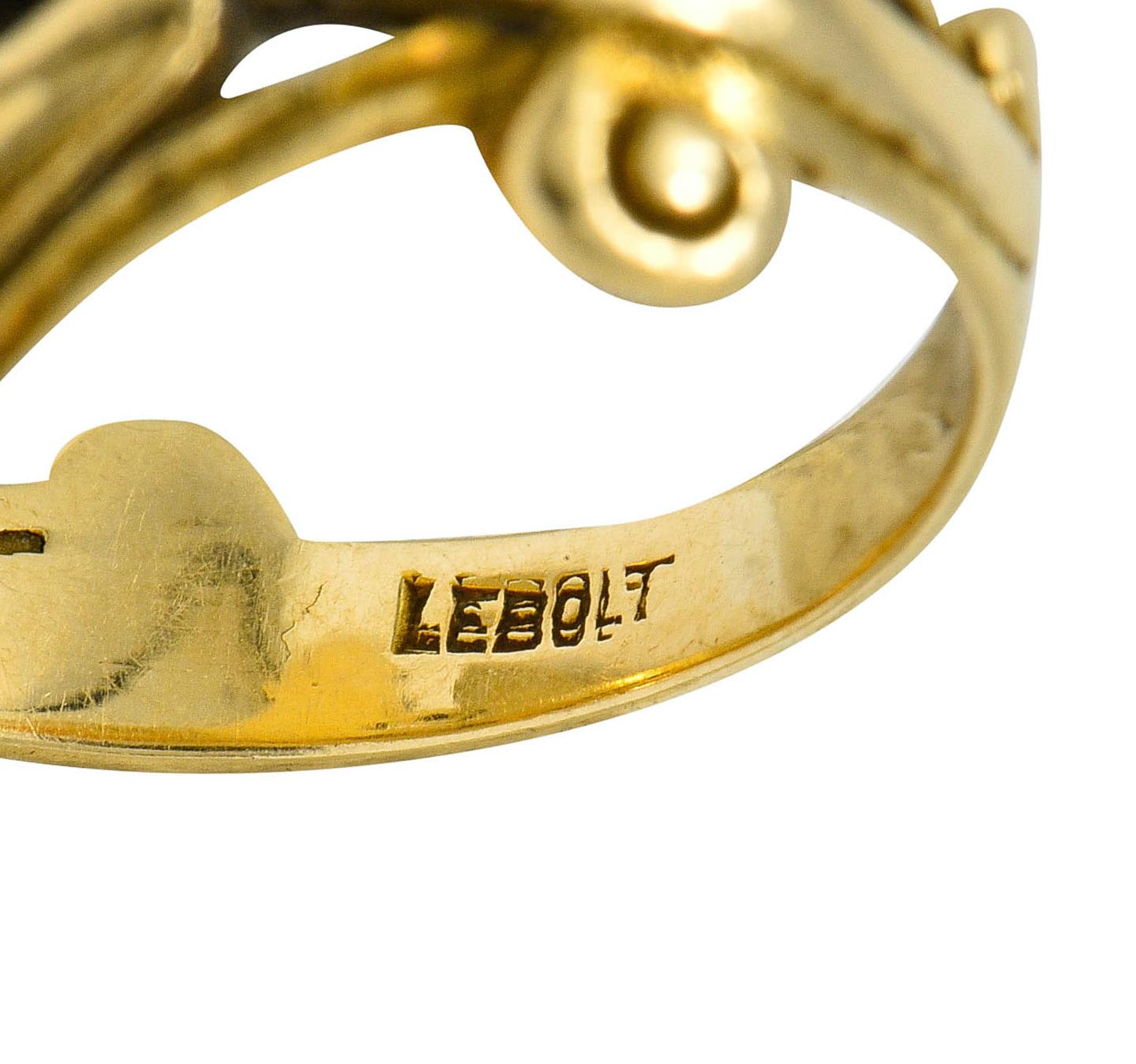 Women's or Men's Lebolt & Co. Egyptian Revival Pearl Diamond 14 Karat Gold Sphinx Band Ring