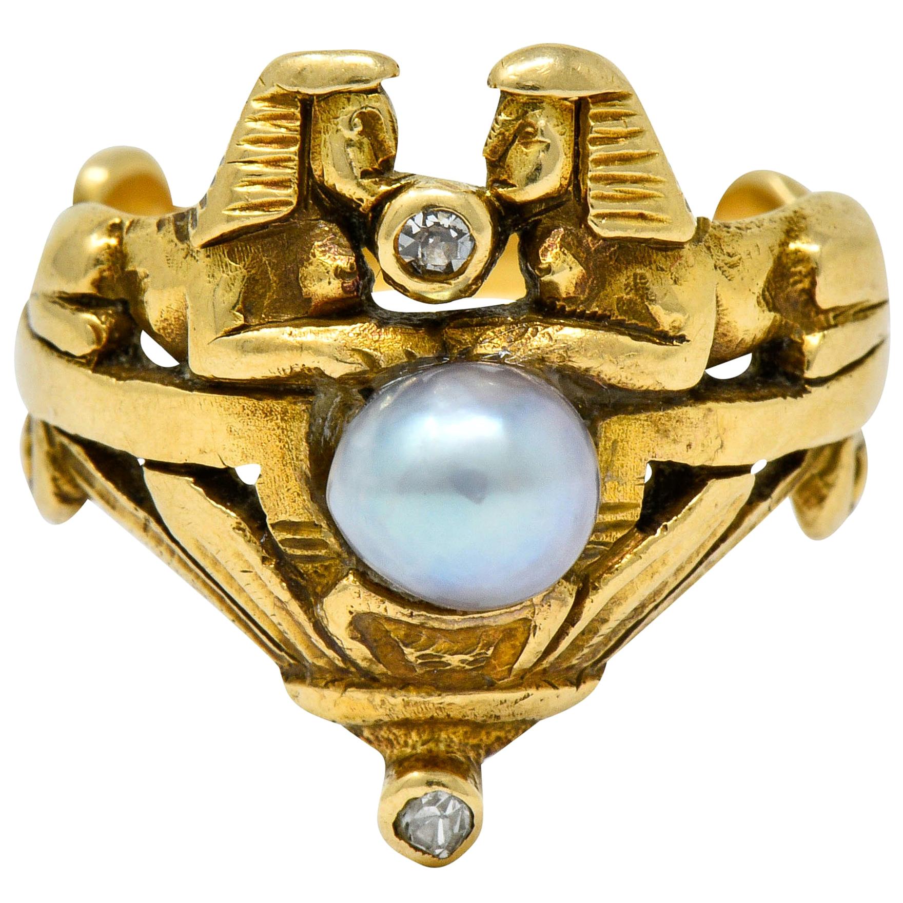 Lebolt & Co. Egyptian Revival Pearl Diamond 14 Karat Gold Sphinx Band Ring