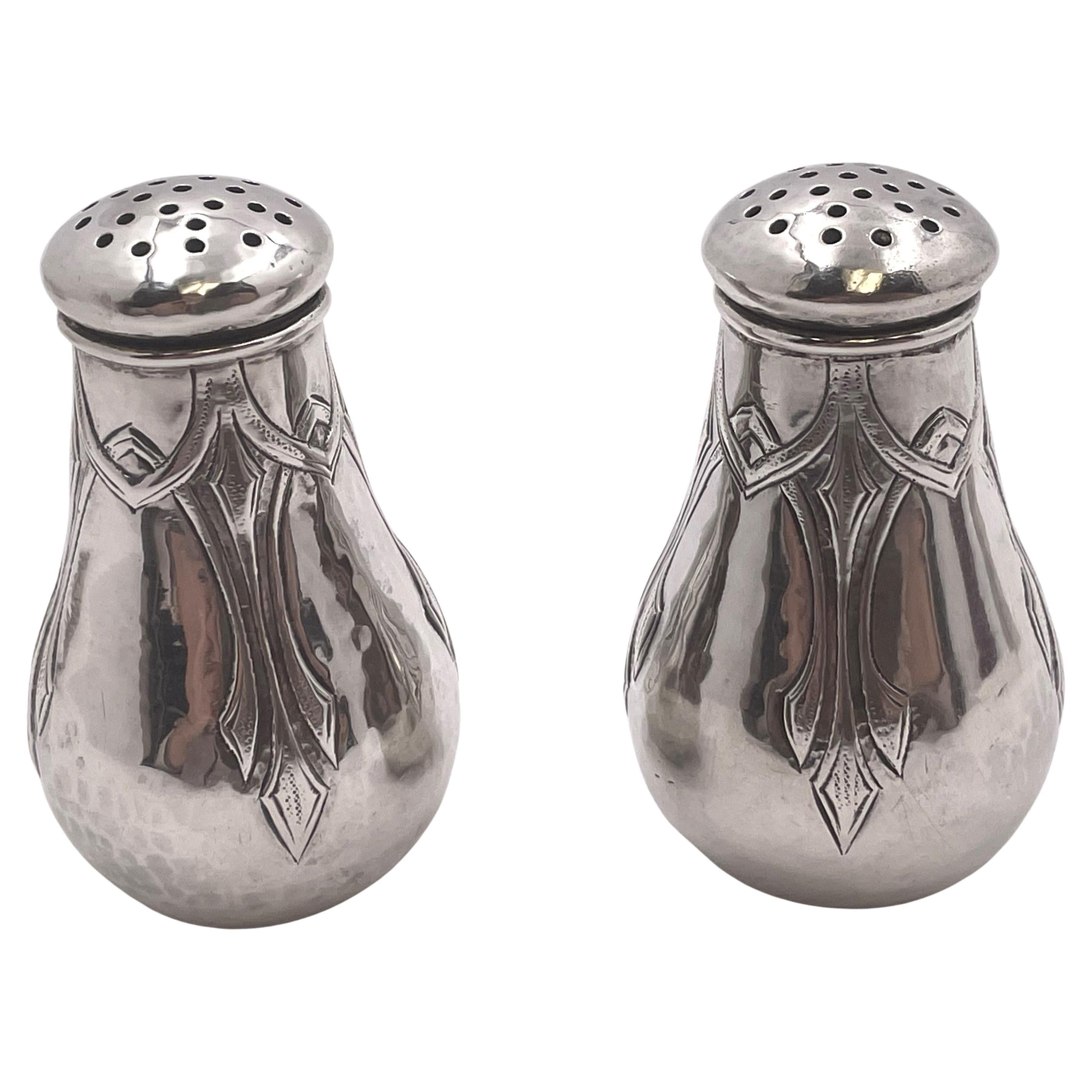 Lebolt Pair of Sterling Silver Hammered Salt
Pepper Shakers Arts &Crafts Style