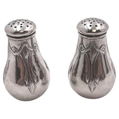 Lebolt Pair of Sterling Silver Hammered Salt & Pepper Shakers Arts &Crafts Style