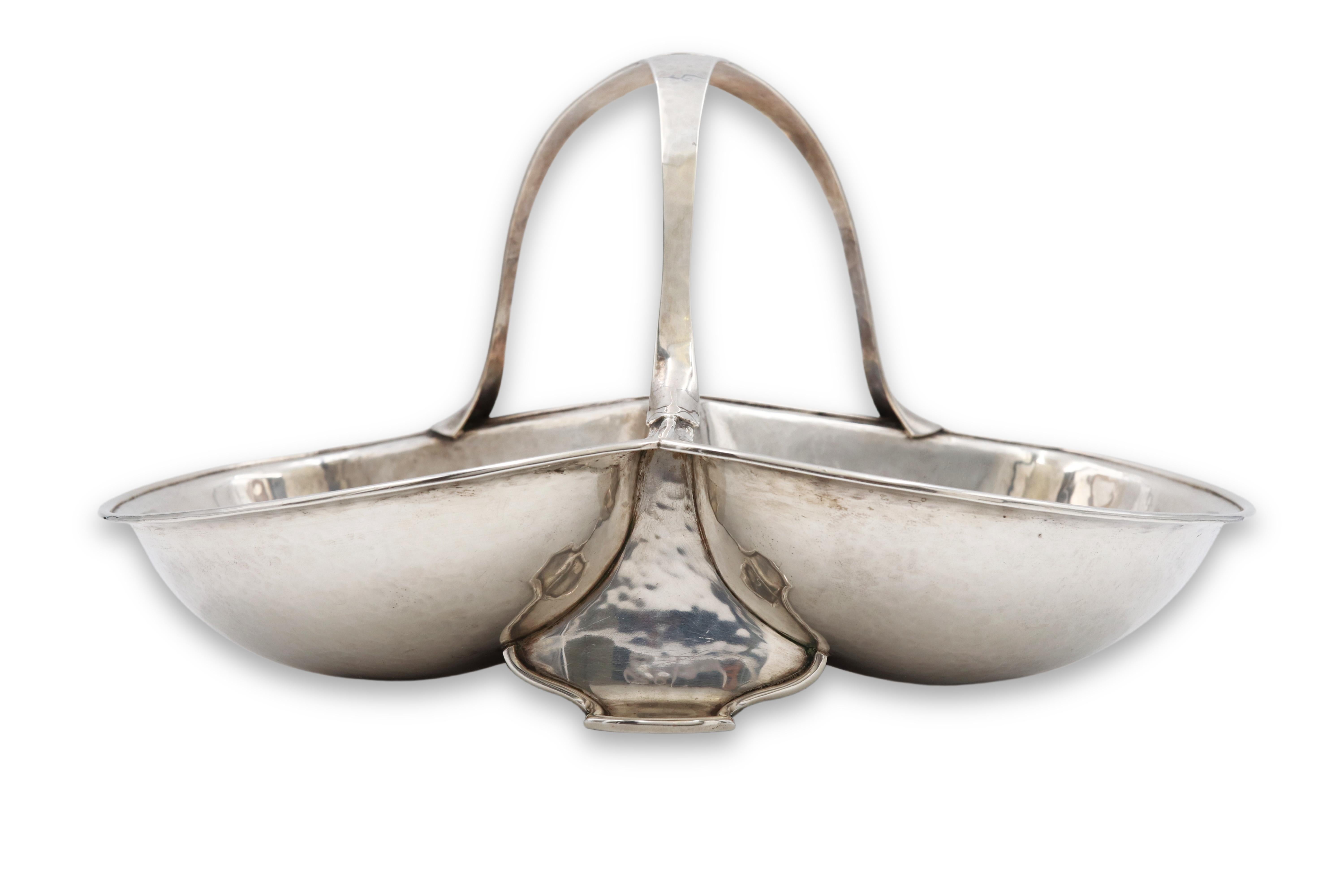 Sterling silver handmade condiment basket / three-part bowl by Lebolt & Co. with three compartments, standing on three shaped feet in Arts & Crafts style. Designed with gentle hand hammering and rounded handles as well as an applied monogram atop.