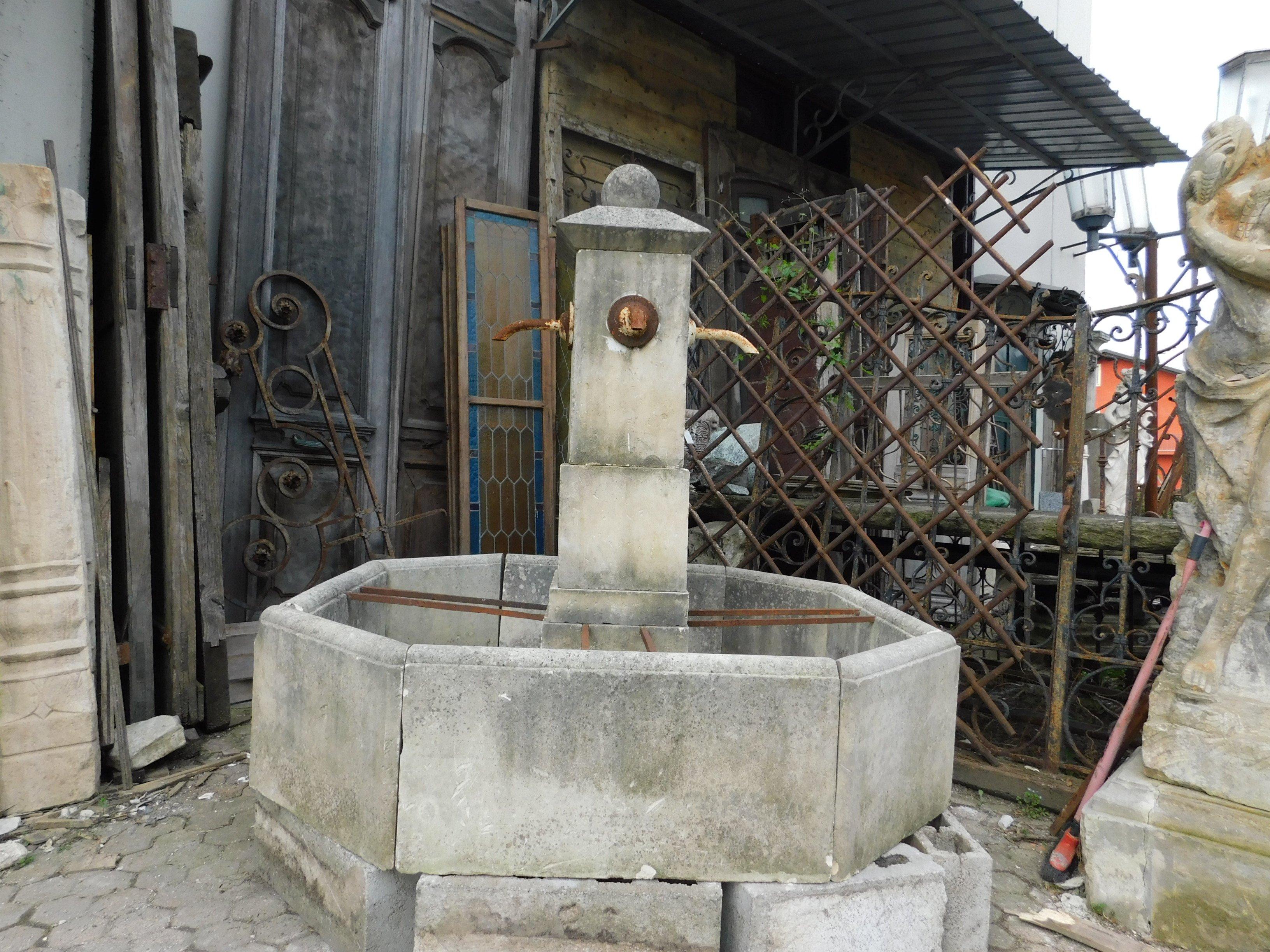 Italian Lecce Stone Fountain, Octagonal with Central Pillar and 4 Vents, Italy 1990 For Sale