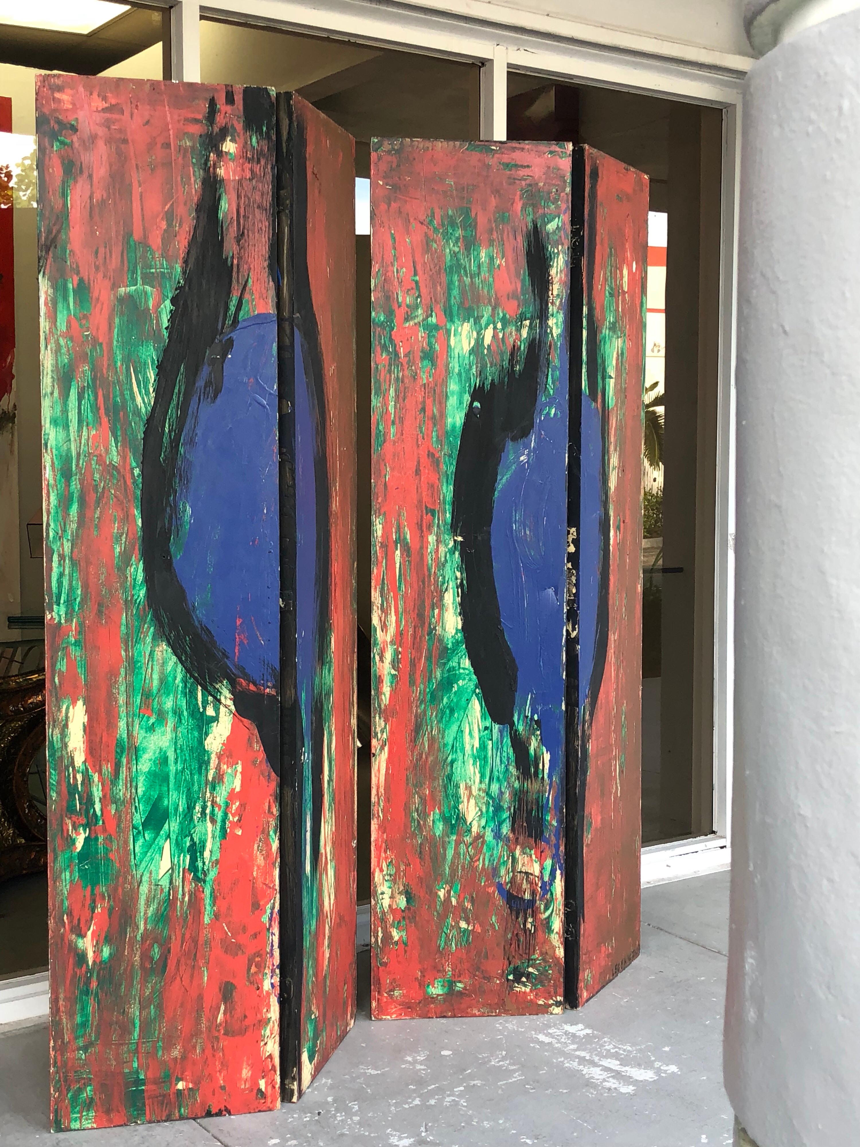 An artistic folding screen done in the abstract expressionist style on both sides. Signed and dated '09. This is a pair of double panel screens. 4 panels total. Each panel is 18