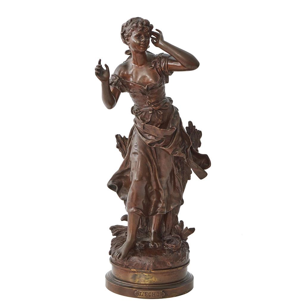 'L'Echo' an Art Nouveau bronze sculpture by Mathurin Moreau. A deep brown late 19th century bronze sculpture by Mathurin Moreau depicting a young maiden holding her hand up to her ear. Signed 'Moreau Sculpteur' to base with 'L'ECHO' title to front.