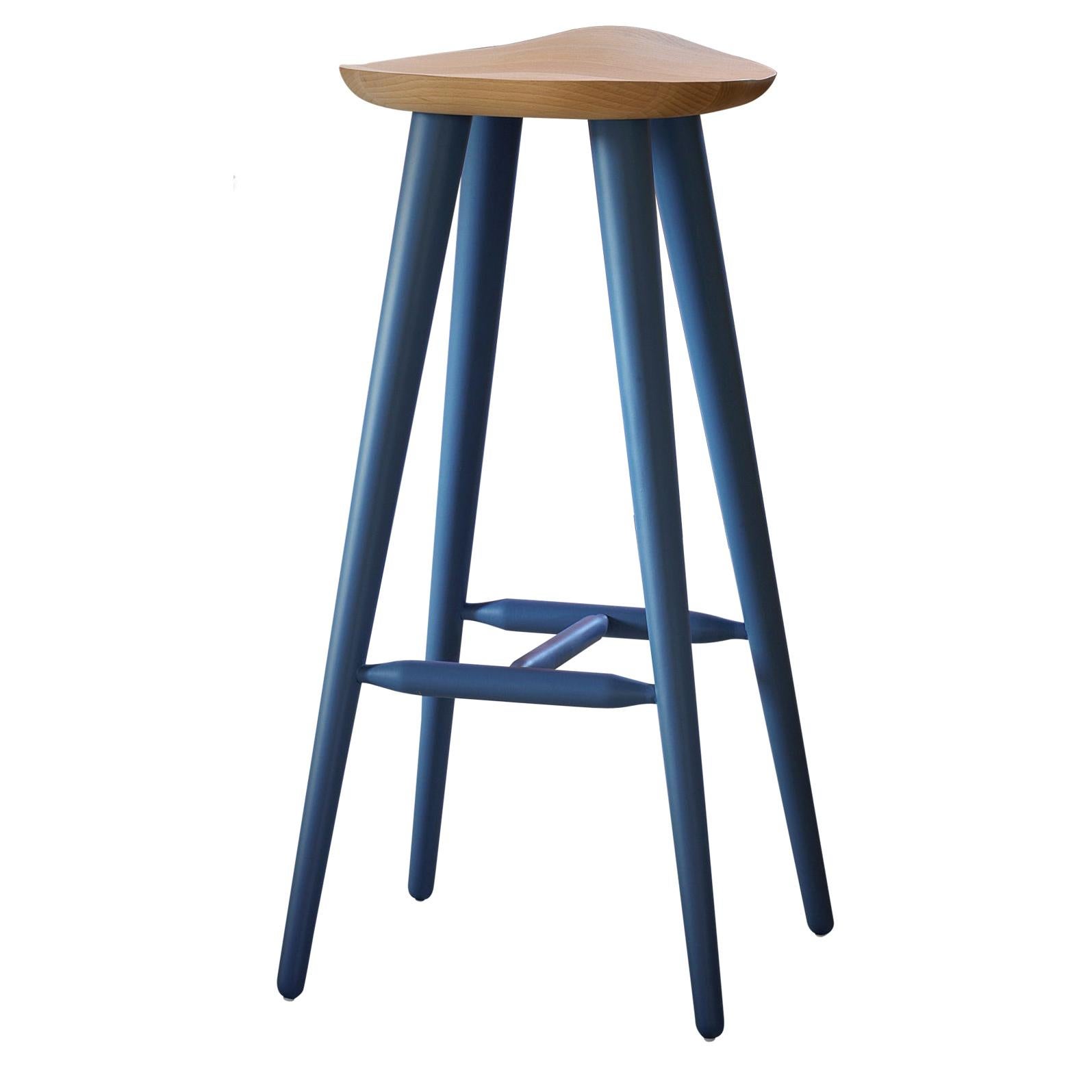 Lechuck Medium Stool in Beech Wood Top with Lacquered Intense Blue Legs For Sale