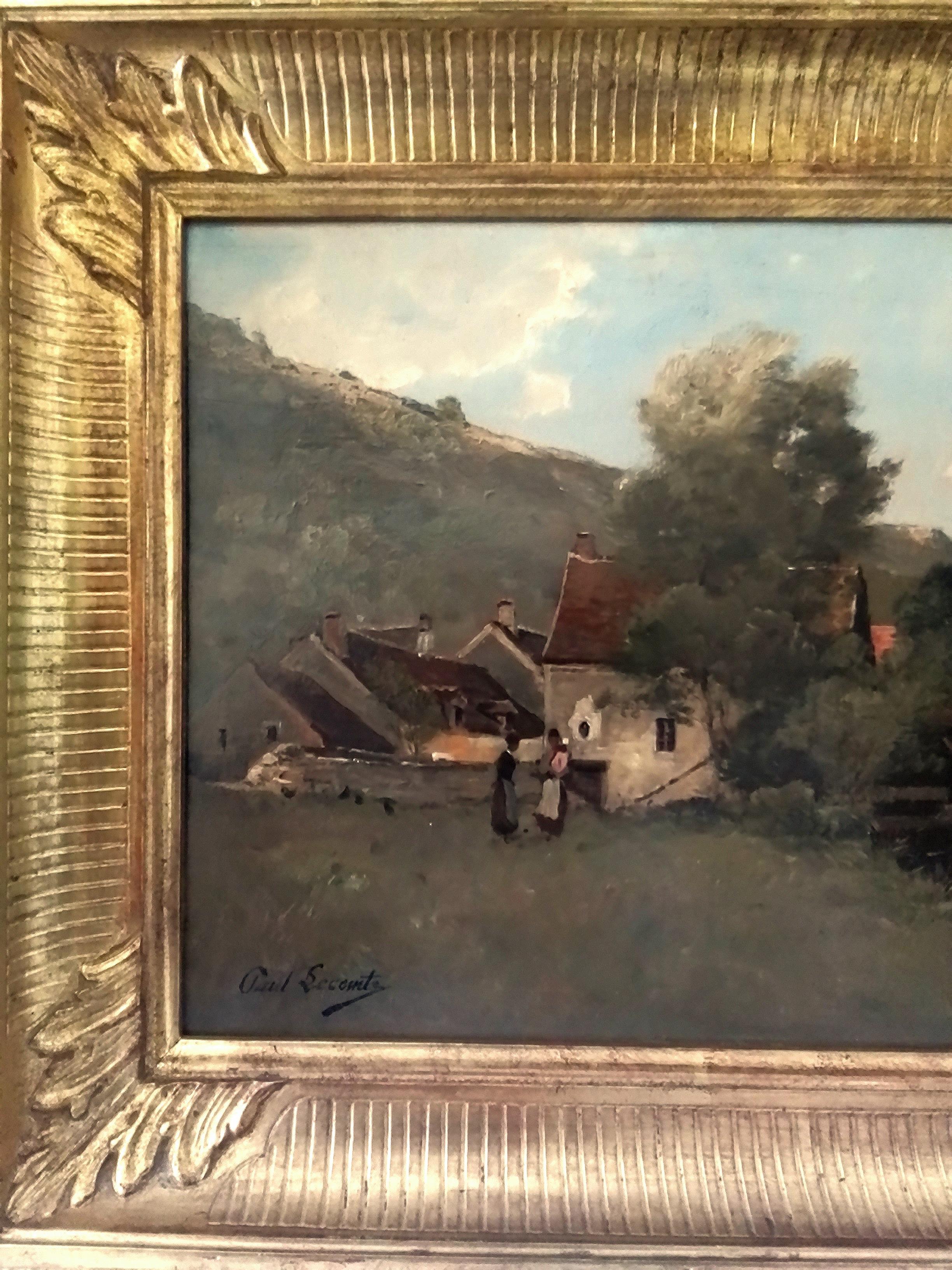 Animated Landscape With House By The River, Öl auf Holz, signiert unten links (Beige), Landscape Painting, von Lecomte Paul Émile