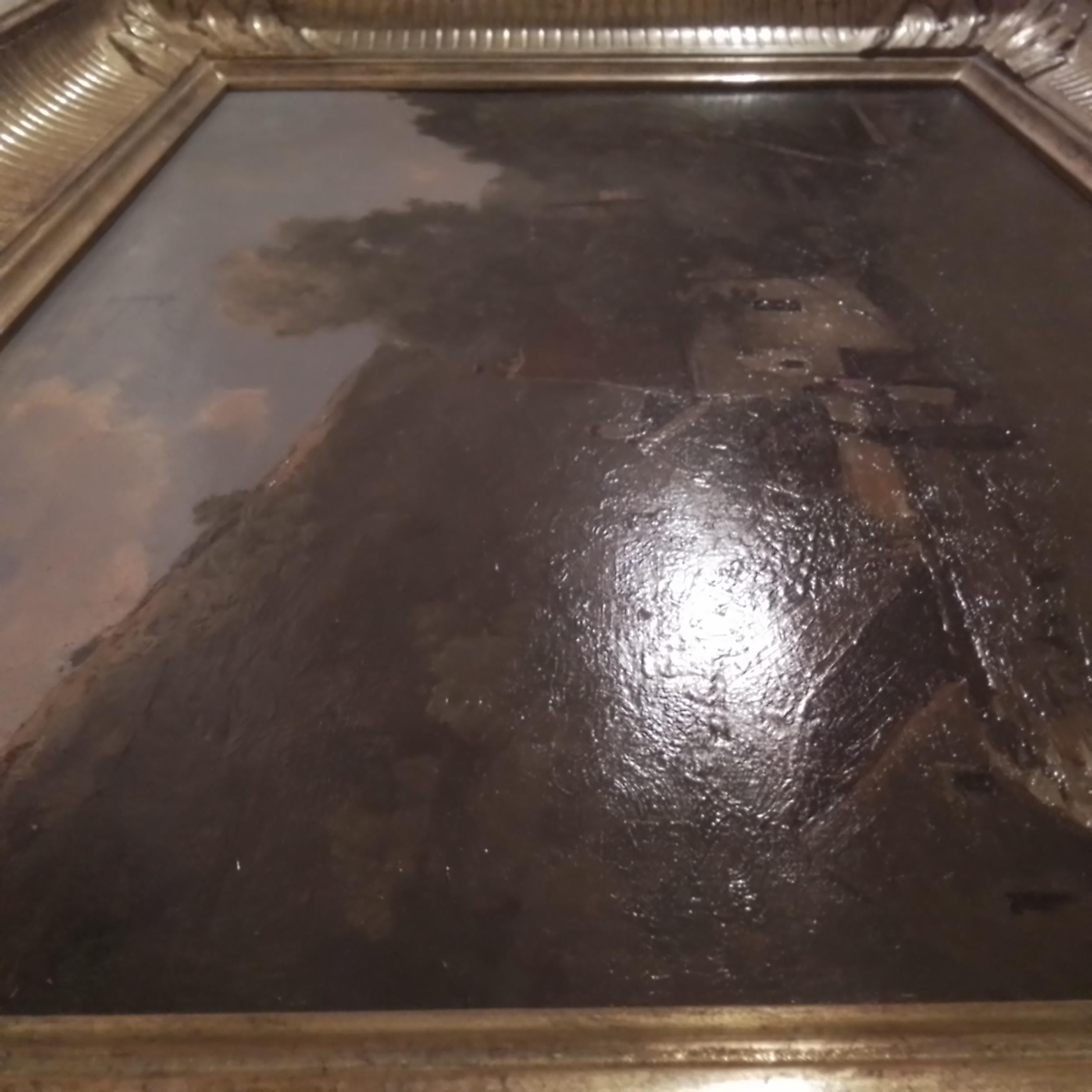 Animated Landscape With House By The River, Öl auf Holz, signiert unten links im Angebot 1