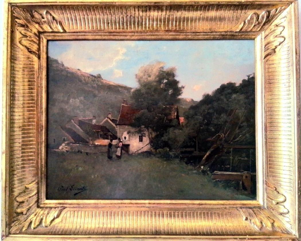 Paysage animé avec une maison au bord de la rivière, huile sur bois, signée en bas à gauche