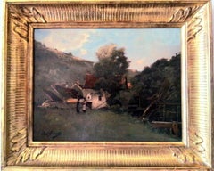Paisaje animado con casa junto al río, óleo sobre madera, firmado abajo a la izquierda