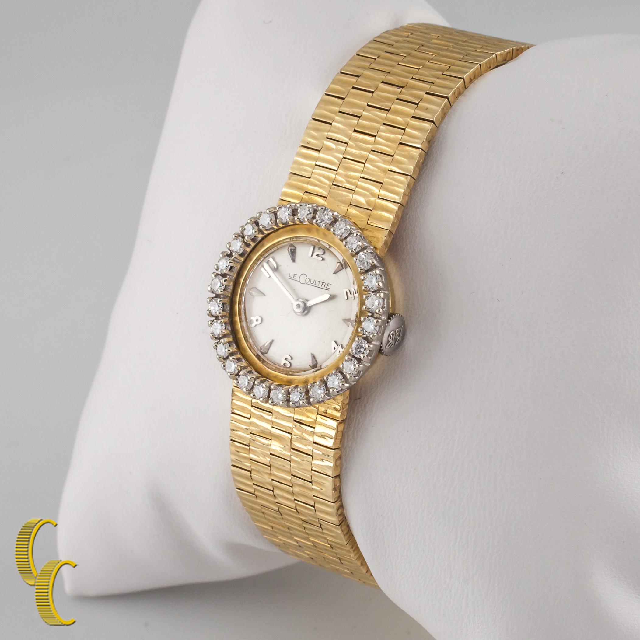 LeCoultre 14 Karat Gold Vintage Women's Hand-Winding Watch with Diamond Bezel In Good Condition In Sherman Oaks, CA