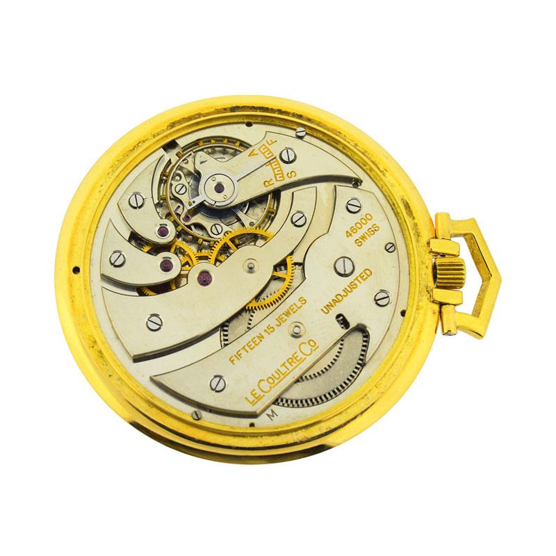 LeCoultre 18 Karat Gold Midcentury Pocket Watch Original Sterling Silver Dial For Sale 3