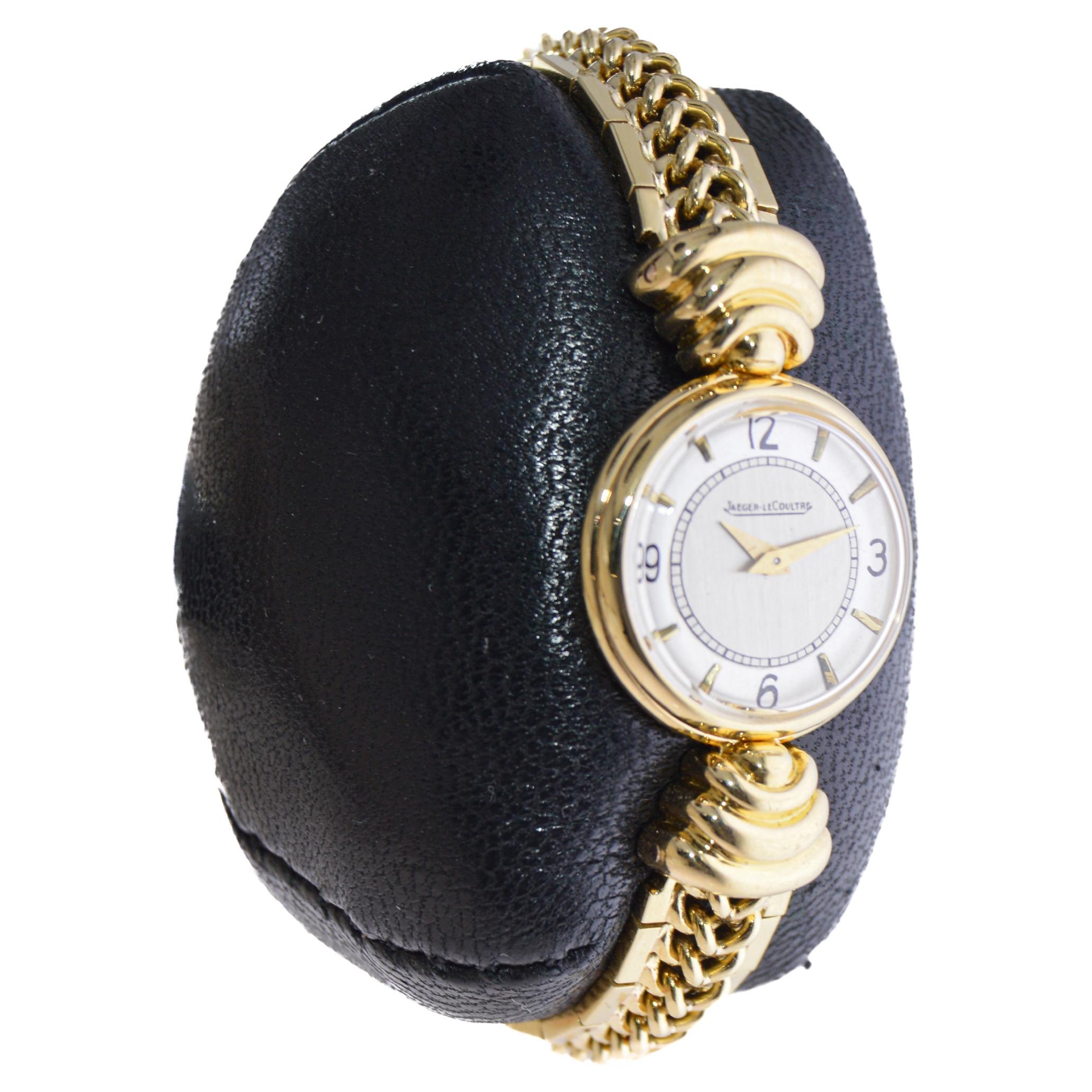 FACTORY / HOUSE: Jaeger-LeCoultre
STYLE / REFERENCE: Ladies Dress Bracelet Watch
METAL / MATERIAL: 18Kt. Solid Yellow Gold 
CIRCA / YEAR: 1940's
DIMENSIONS / SIZE: 37mm Length X 21mm Diameter
MOVEMENT / CALIBER: Manual Winding / 17 Jewels / Caliber