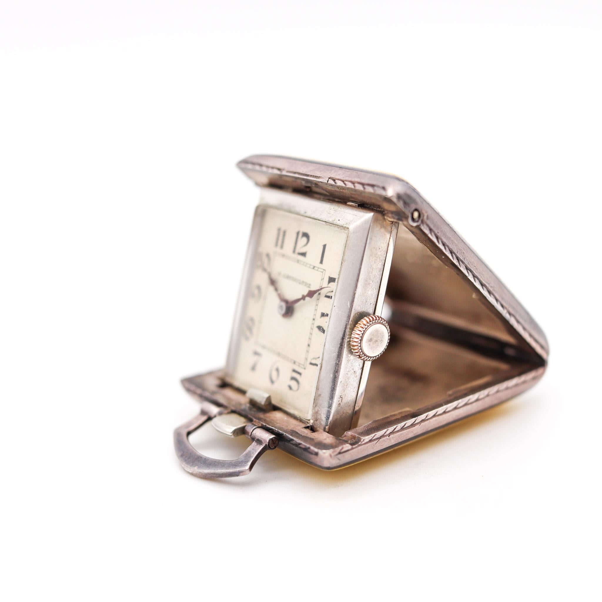 Enameled Lecoultre 1920 Travel Pendant Desk Clock Sterling Silver with Guilloche Enamel