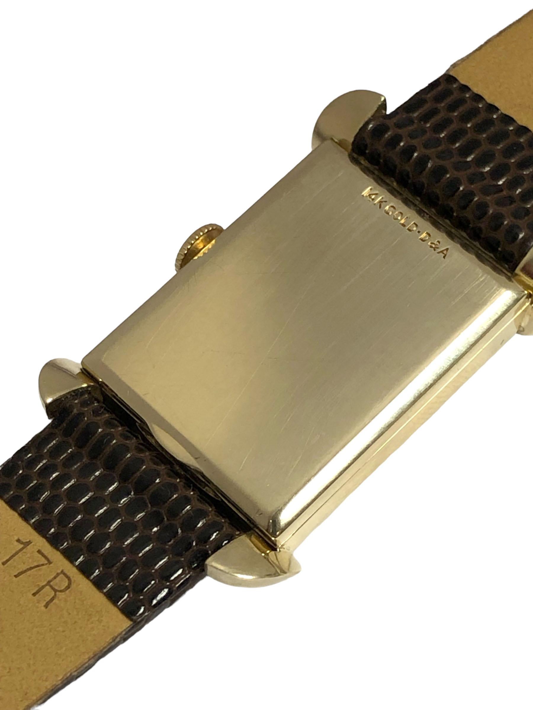 Art Deco LeCoultre 1950 Yellow Gold Tank Mechanical Wrist Watch For Sale