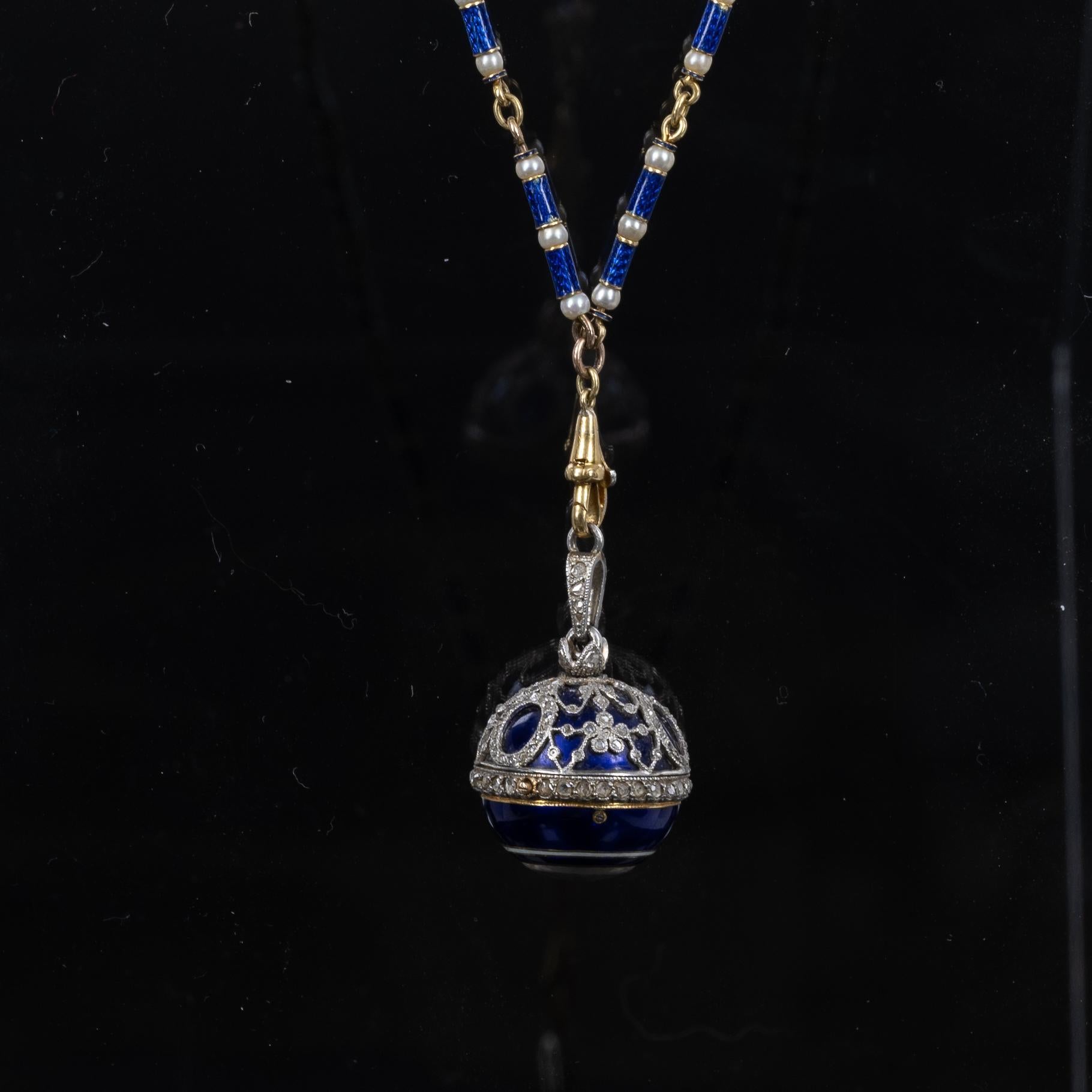 LeCoultre Boule de Genève Uhr Anhänger Blau Emaille Diamant 18K Gold Halskette Damen